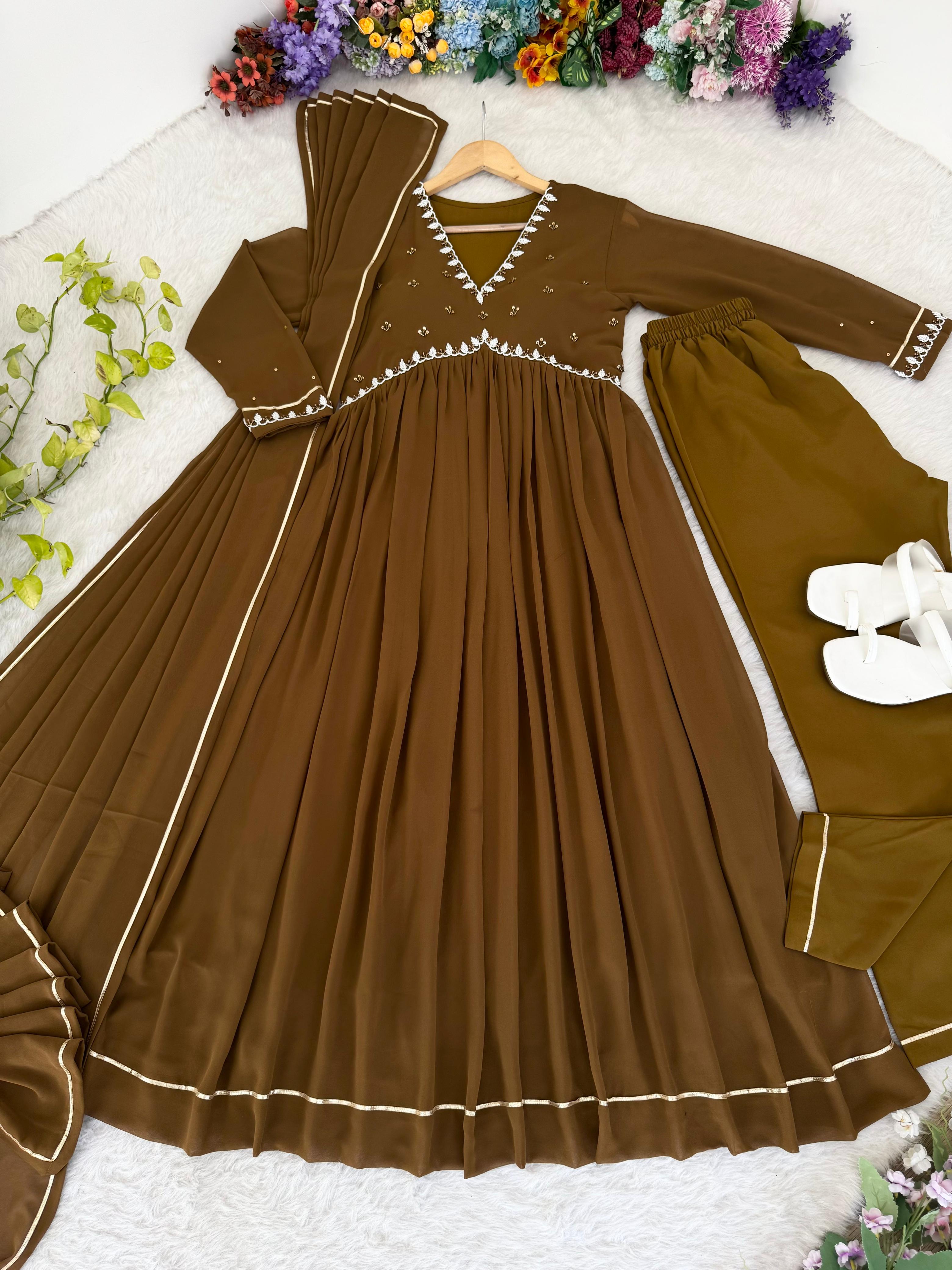 Casual Wear Brown Color Faux Georgette Heavy Blooming Designer Gown