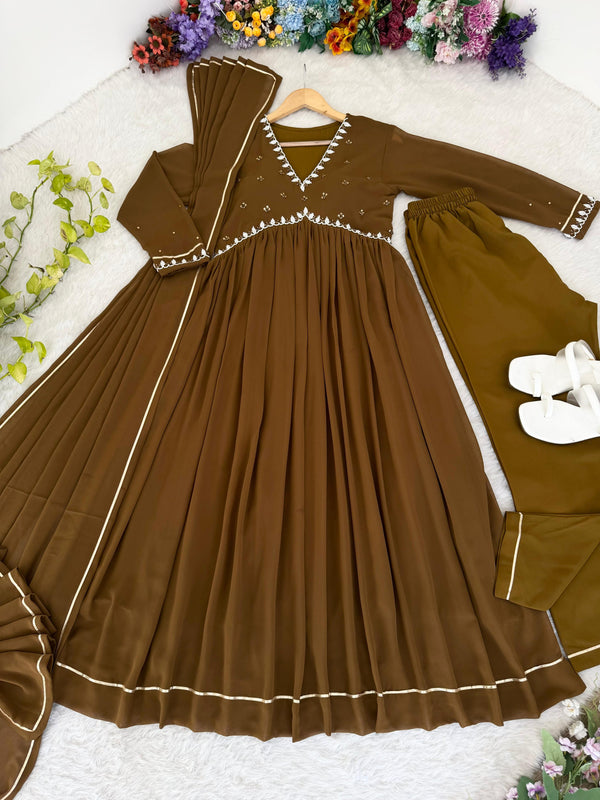 Casual Wear Brown Color Faux Georgette Heavy Blooming Designer Gown
