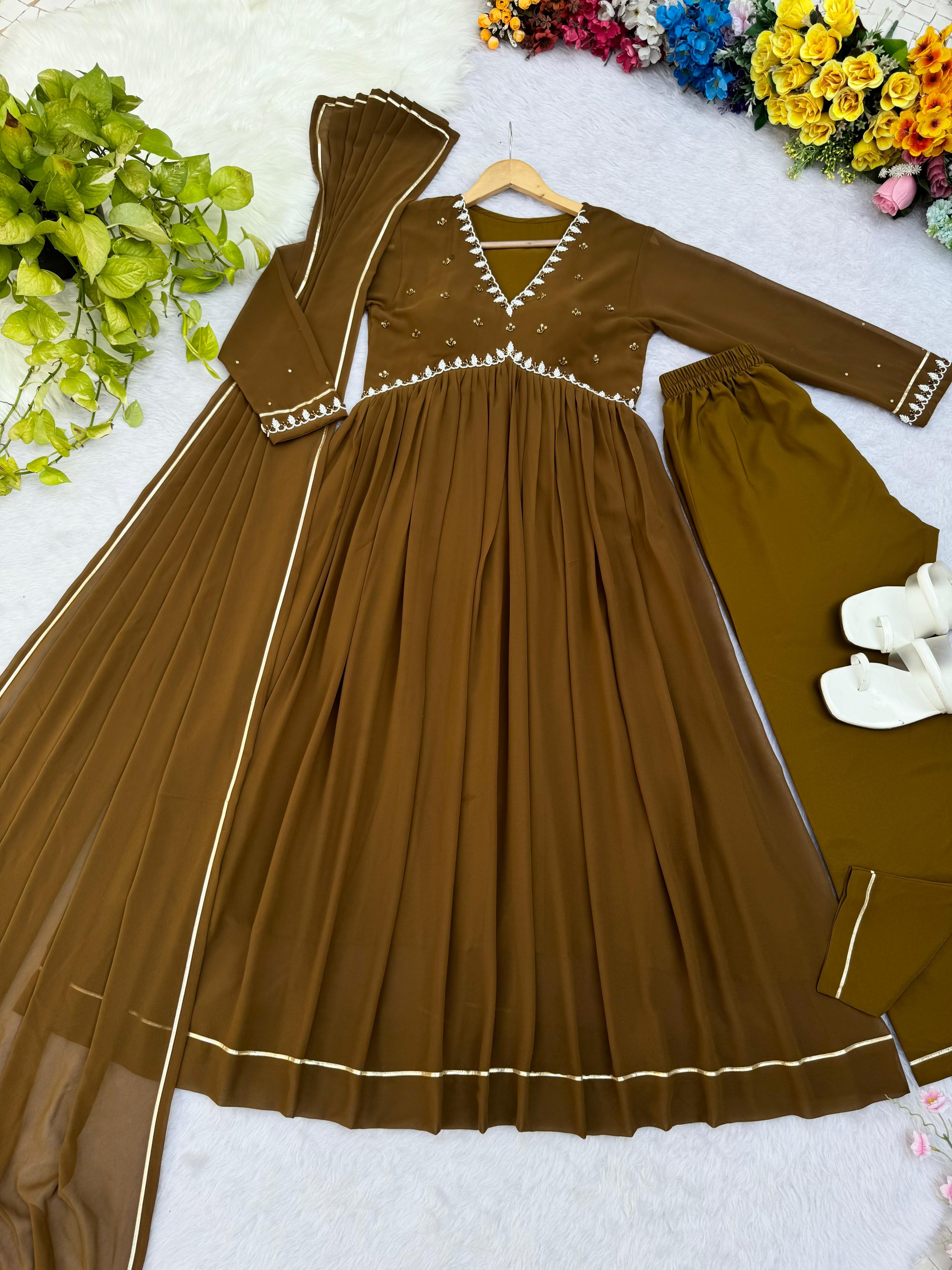 Casual Wear Brown Color Faux Georgette Heavy Blooming Designer Gown