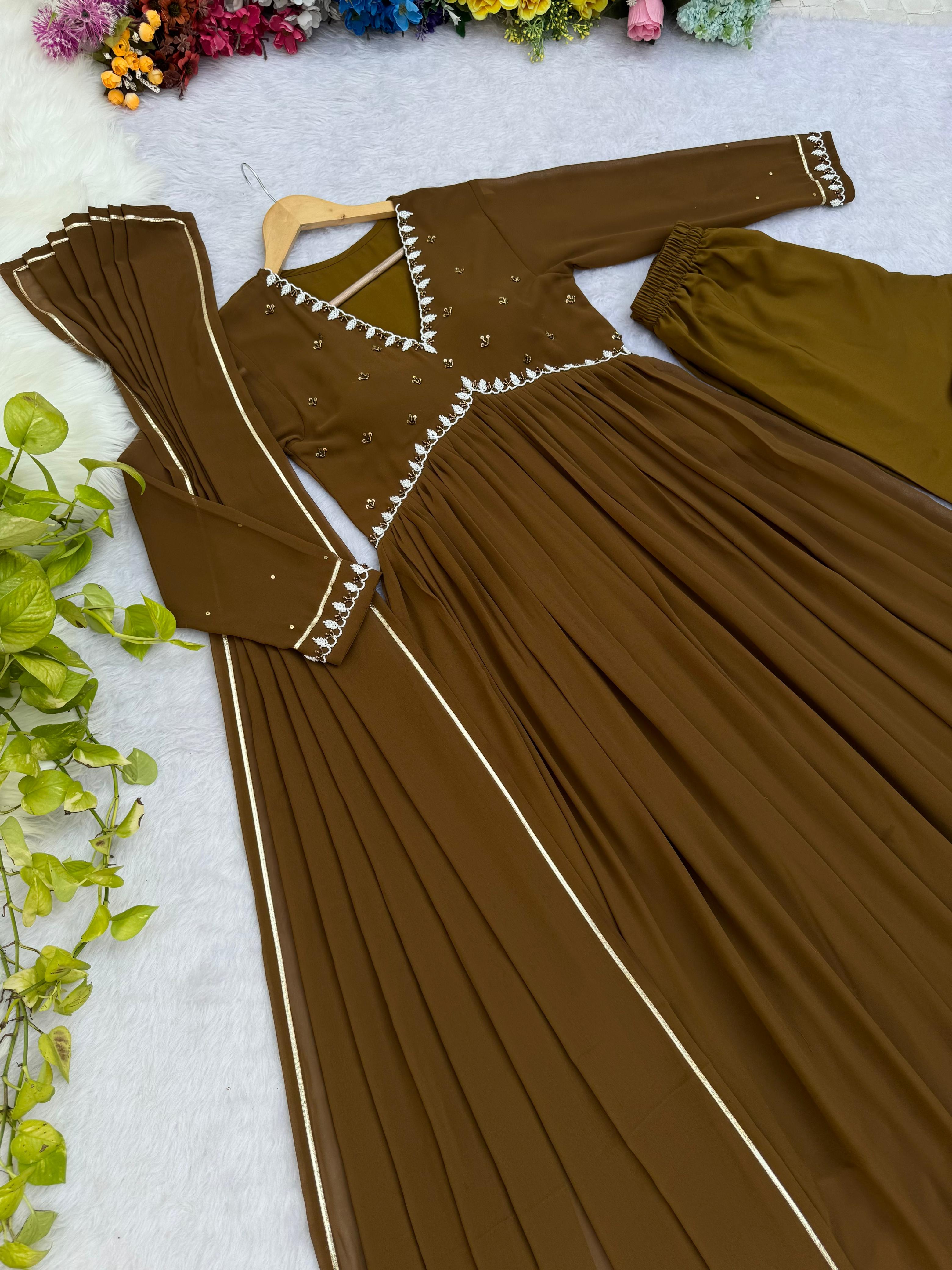 Casual Wear Brown Color Faux Georgette Heavy Blooming Designer Gown