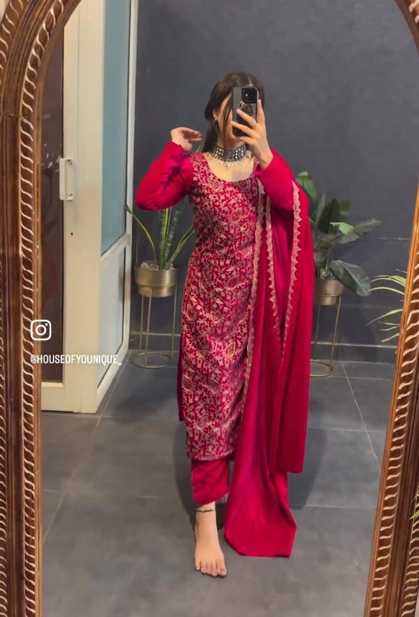 Beautiful Pink Color Pure 9000 Viscous Velvet With Heavy Embroidery Shine Work Salwar Suit