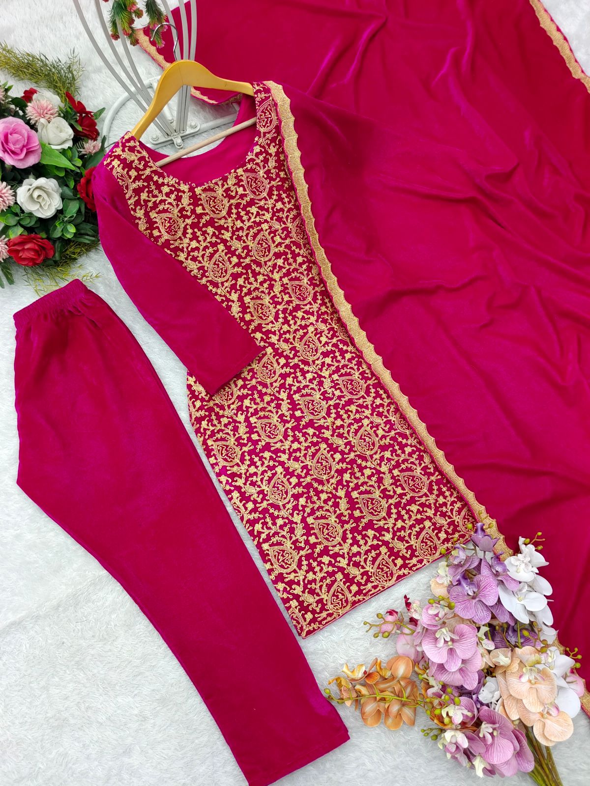 Beautiful Pink Color Pure 9000 Viscous Velvet With Heavy Embroidery Shine Work Salwar Suit
