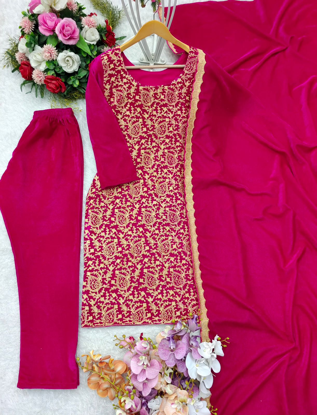 Beautiful Pink Color Pure 9000 Viscous Velvet With Heavy Embroidery Shine Work Salwar Suit