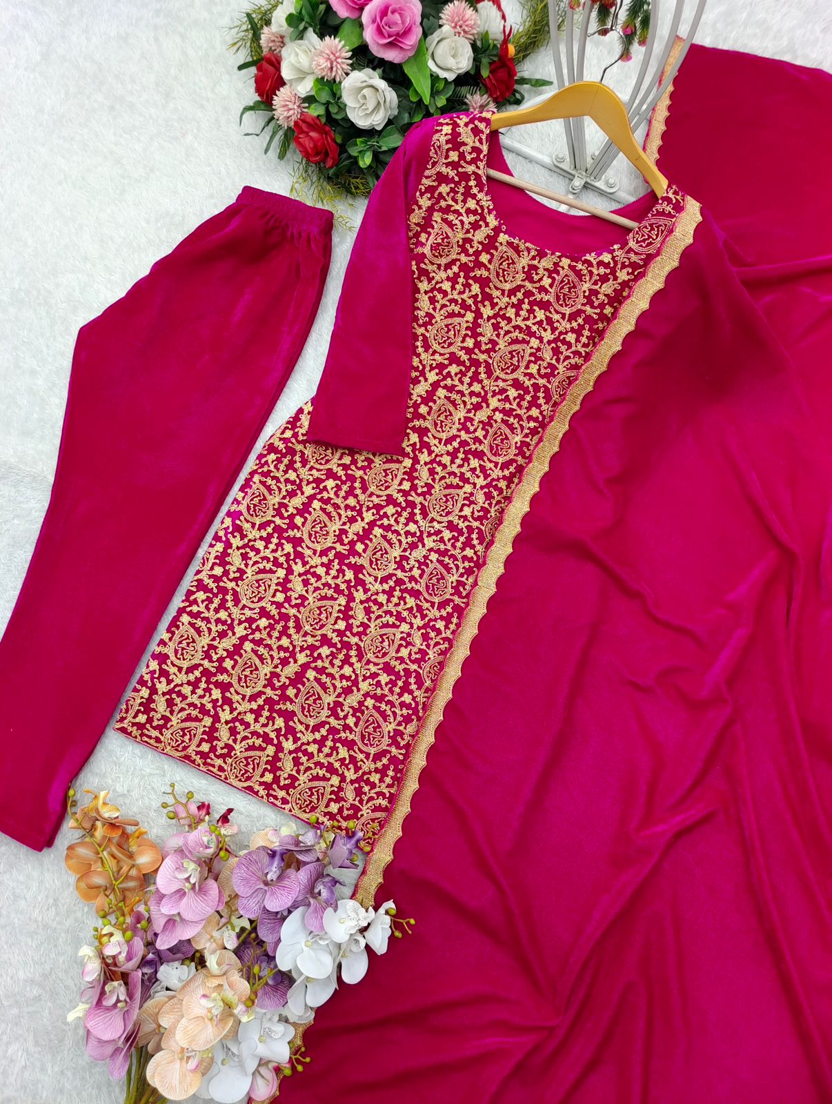 Beautiful Pink Color Pure 9000 Viscous Velvet With Heavy Embroidery Shine Work Salwar Suit