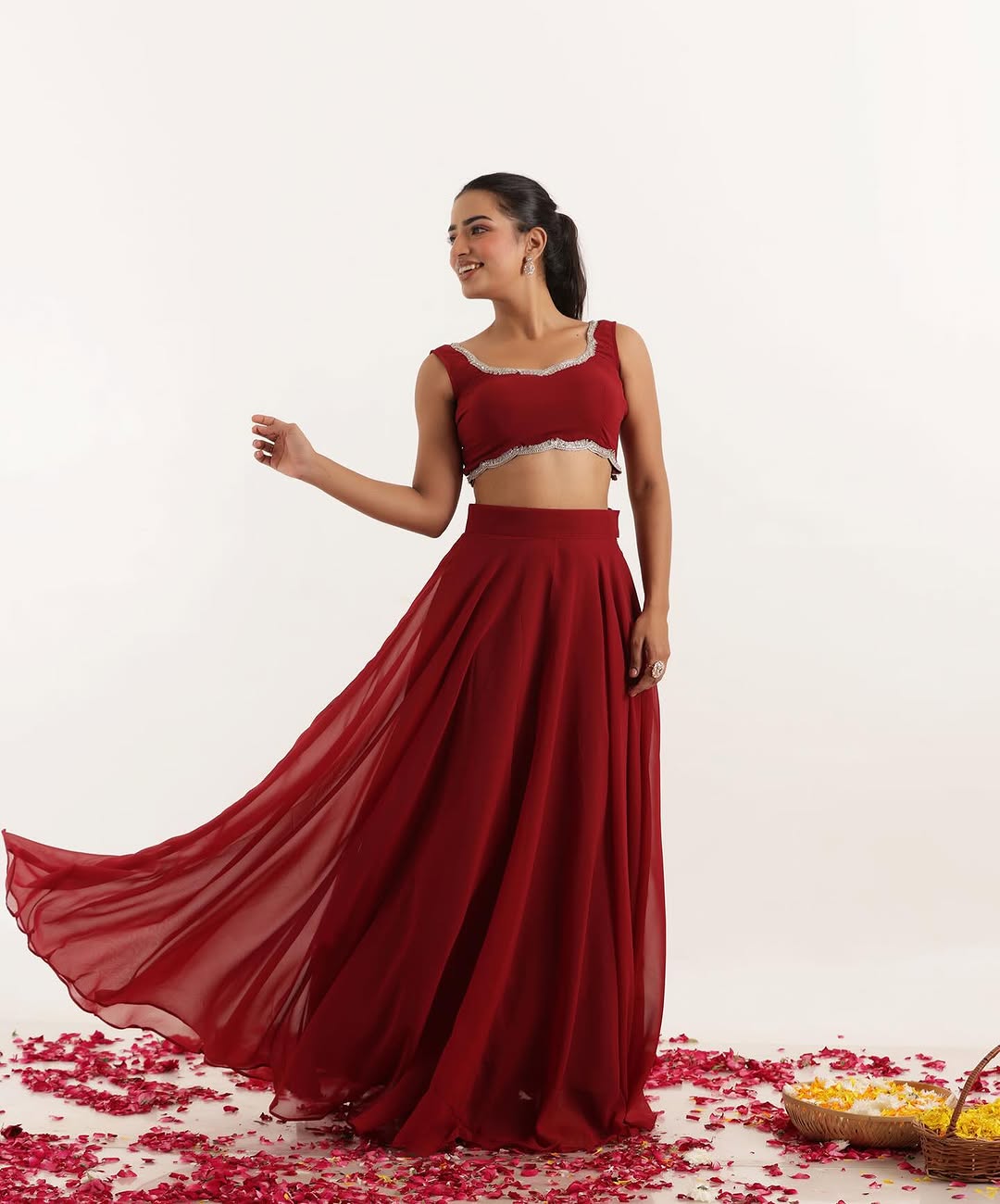 Party Wear Maroon Color Pure Georgette With 8 Meter Flair Beautiful Lehenga Choli