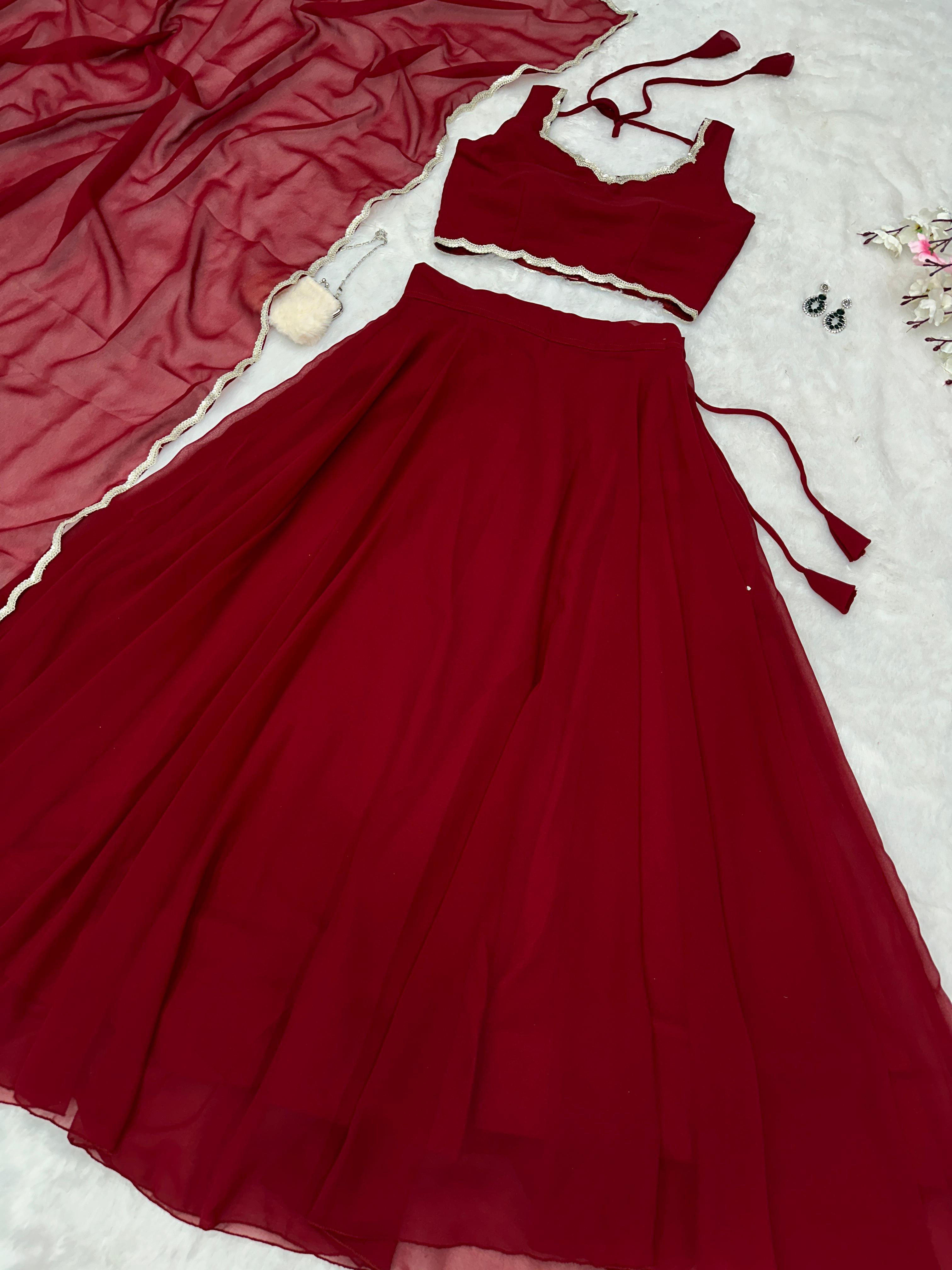 Party Wear Maroon Color Pure Georgette With 8 Meter Flair Beautiful Lehenga Choli