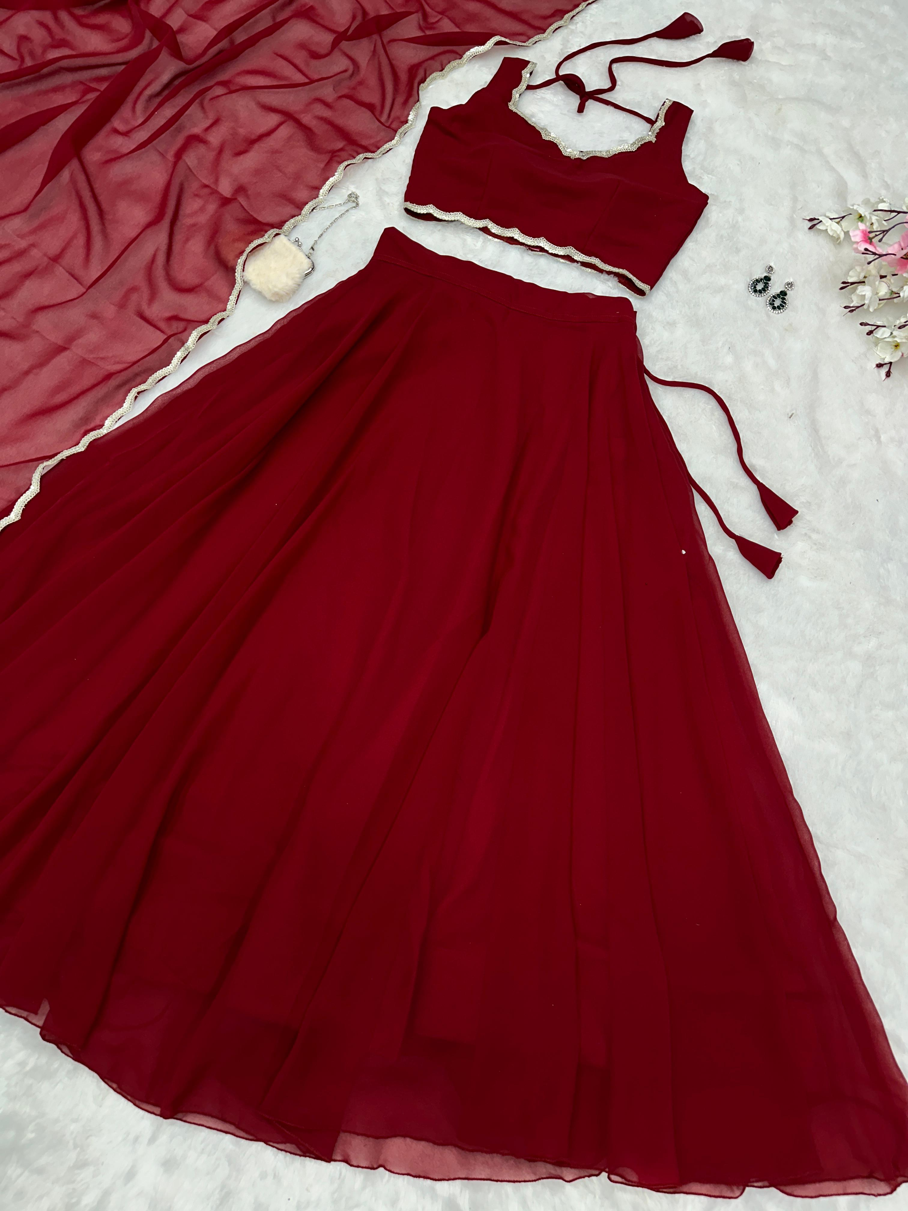 Party Wear Maroon Color Pure Georgette With 8 Meter Flair Beautiful Lehenga Choli