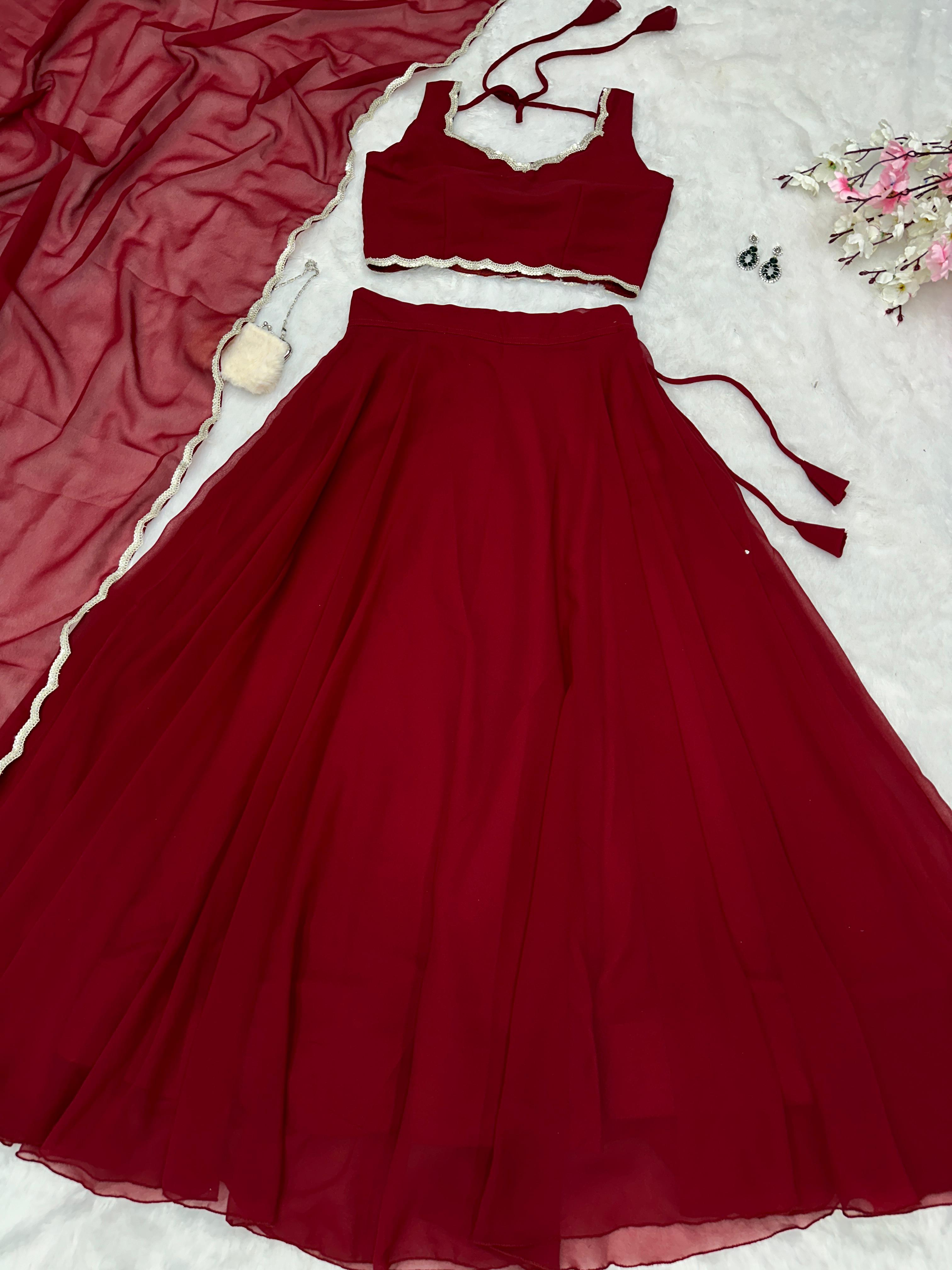 Party Wear Maroon Color Pure Georgette With 8 Meter Flair Beautiful Lehenga Choli