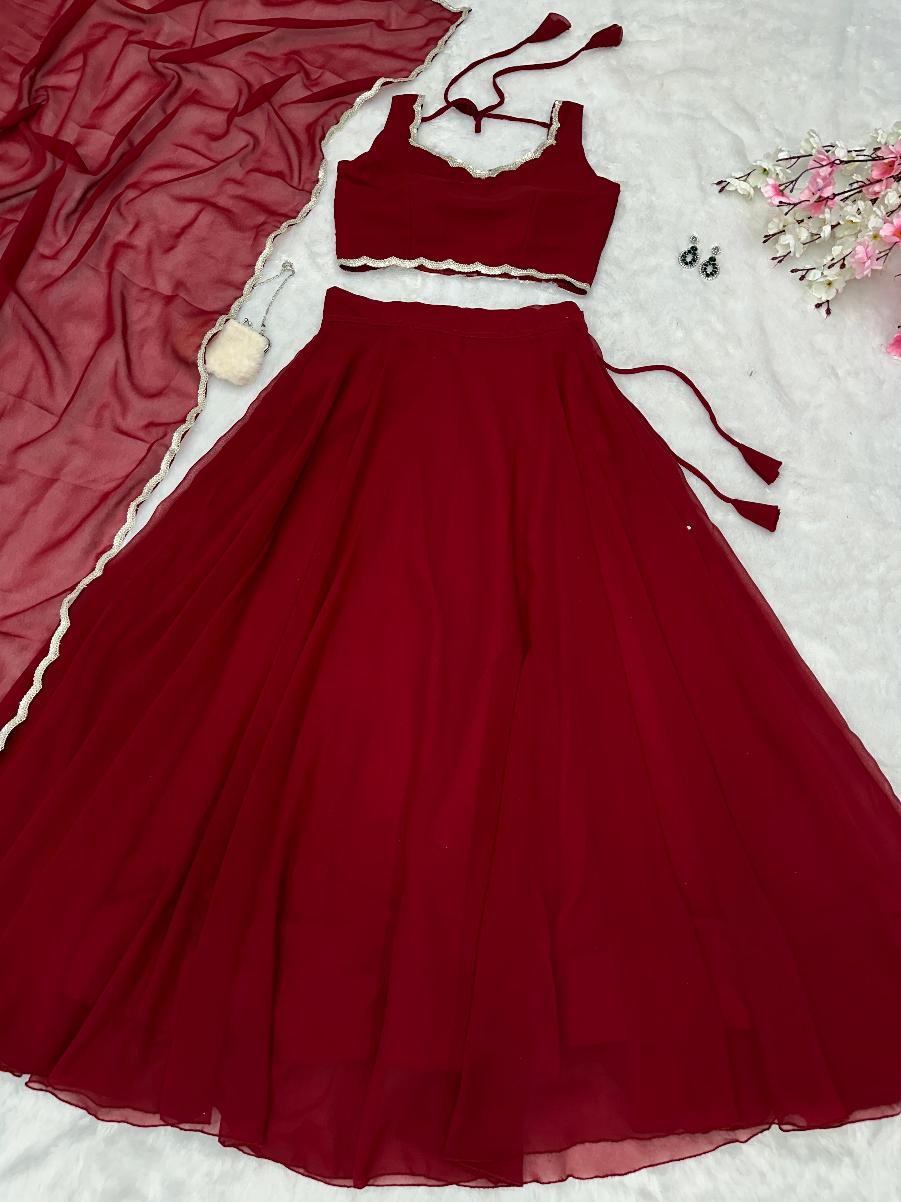 Party Wear Maroon Color Pure Georgette With 8 Meter Flair Beautiful Lehenga Choli