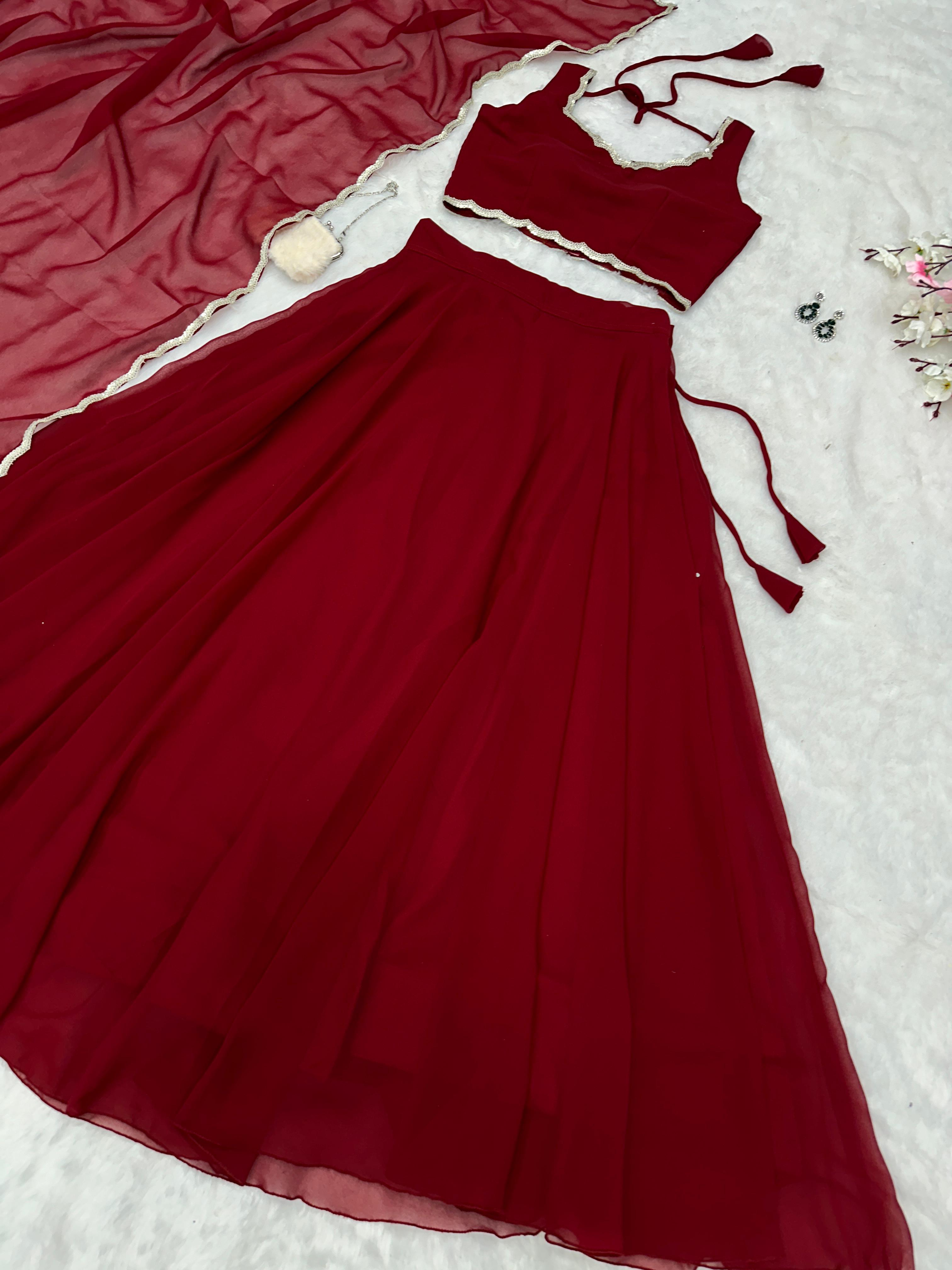 Party Wear Maroon Color Pure Georgette With 8 Meter Flair Beautiful Lehenga Choli
