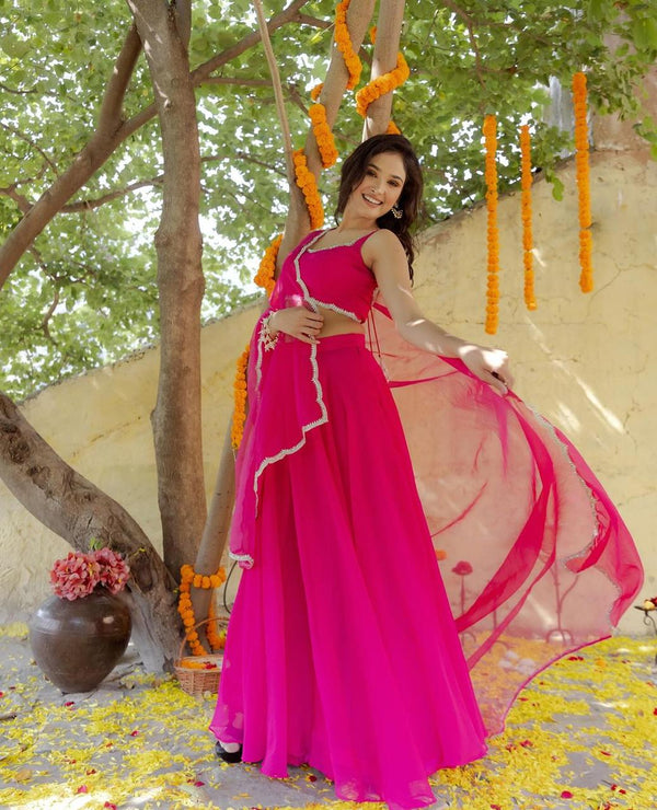 Wedding Wear Pink Color Pure Georgette With 8 Meter Flair Beautiful Lehenga Choli