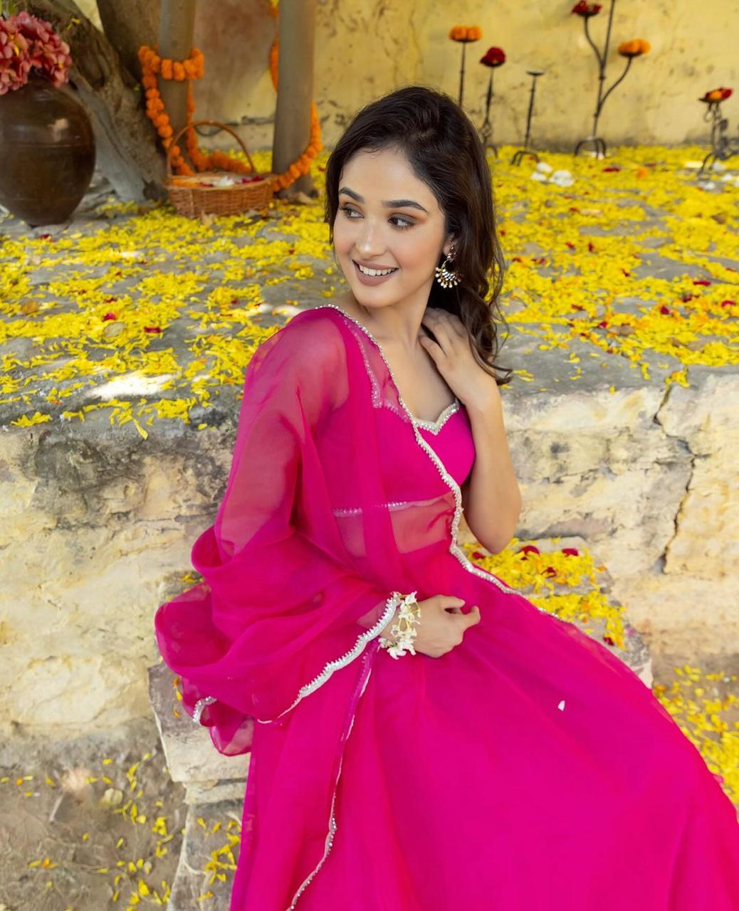 Wedding Wear Pink Color Pure Georgette With 8 Meter Flair Beautiful Lehenga Choli