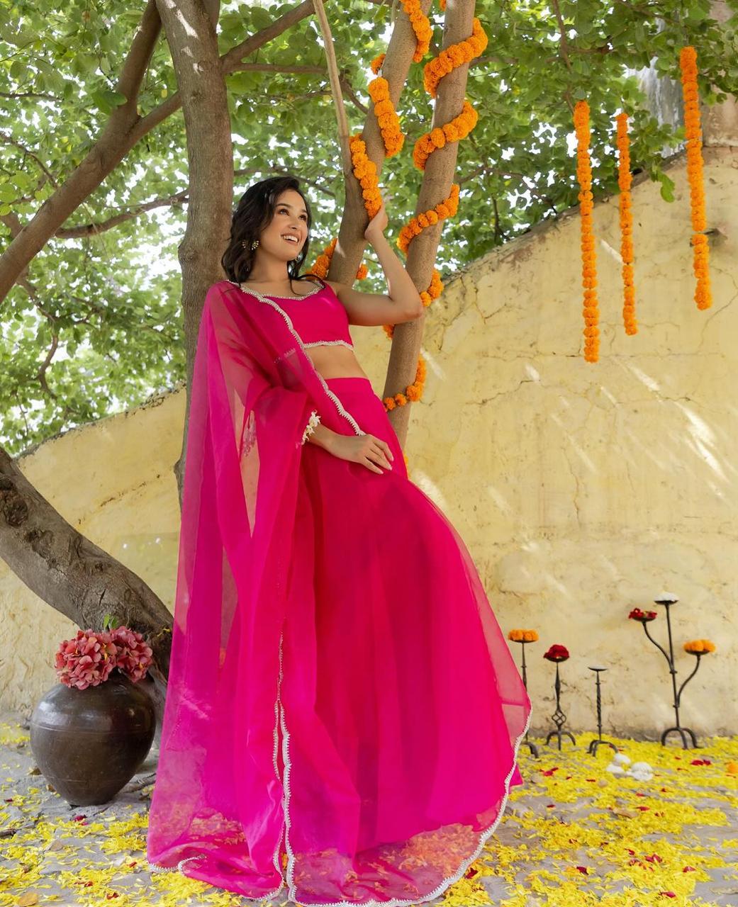 Wedding Wear Pink Color Pure Georgette With 8 Meter Flair Beautiful Lehenga Choli
