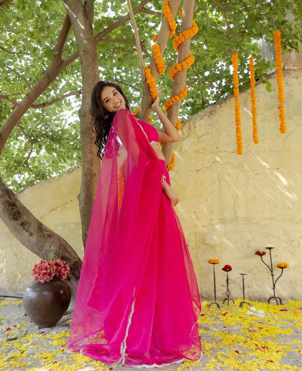 Wedding Wear Pink Color Pure Georgette With 8 Meter Flair Beautiful Lehenga Choli