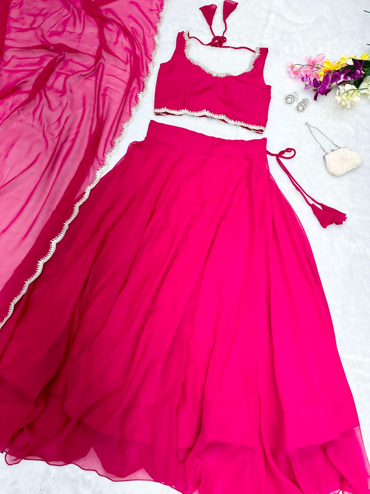 Wedding Wear Pink Color Pure Georgette With 8 Meter Flair Beautiful Lehenga Choli