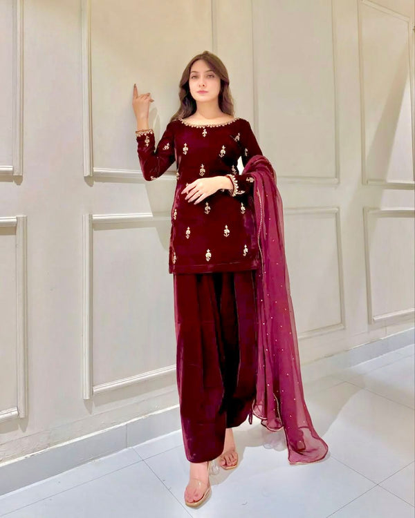 Beautiful Maroon Color Heavy Viscose And Embroidery With Hand Work Designer Velvet Suit