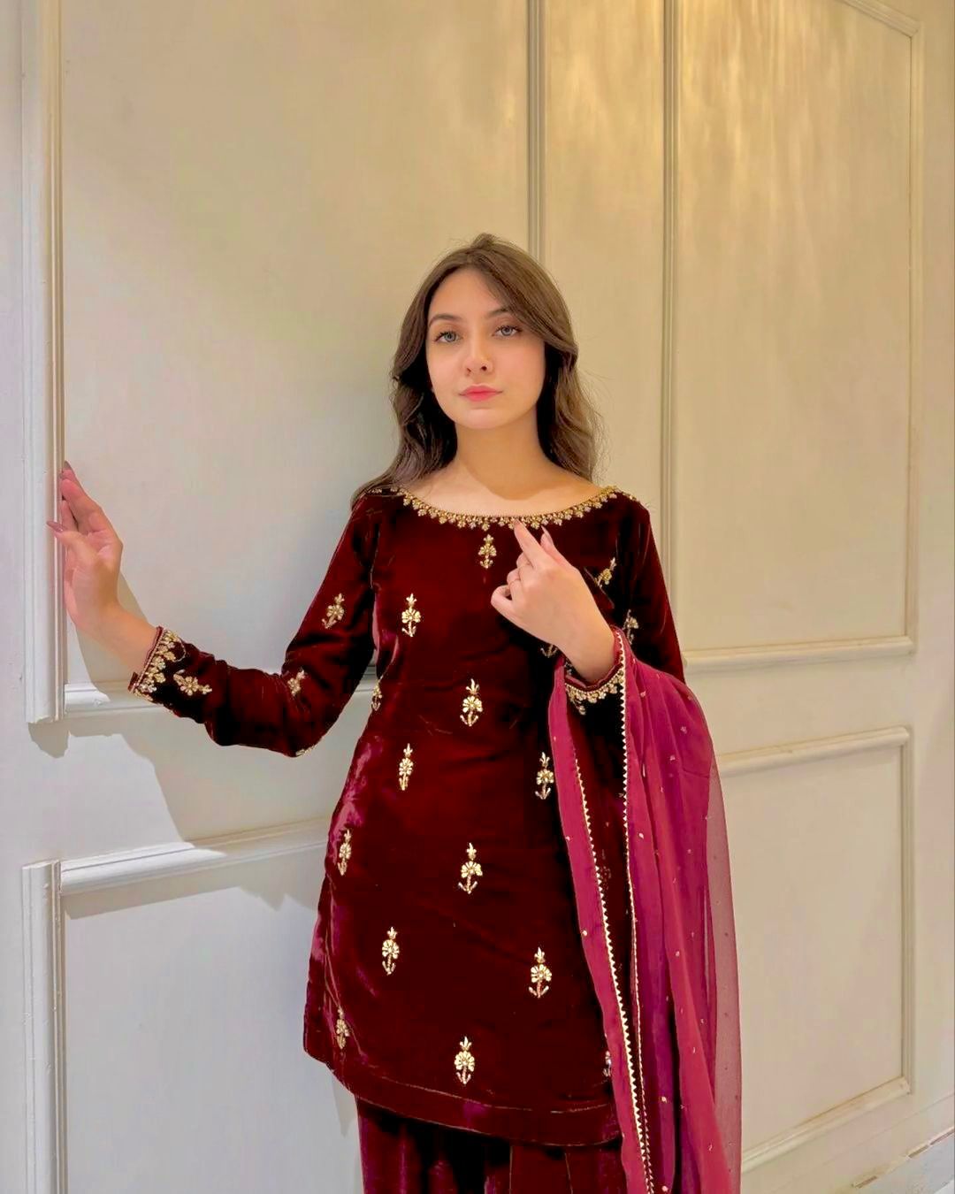 Beautiful Maroon Color Heavy Viscose And Embroidery With Hand Work Designer Velvet Suit