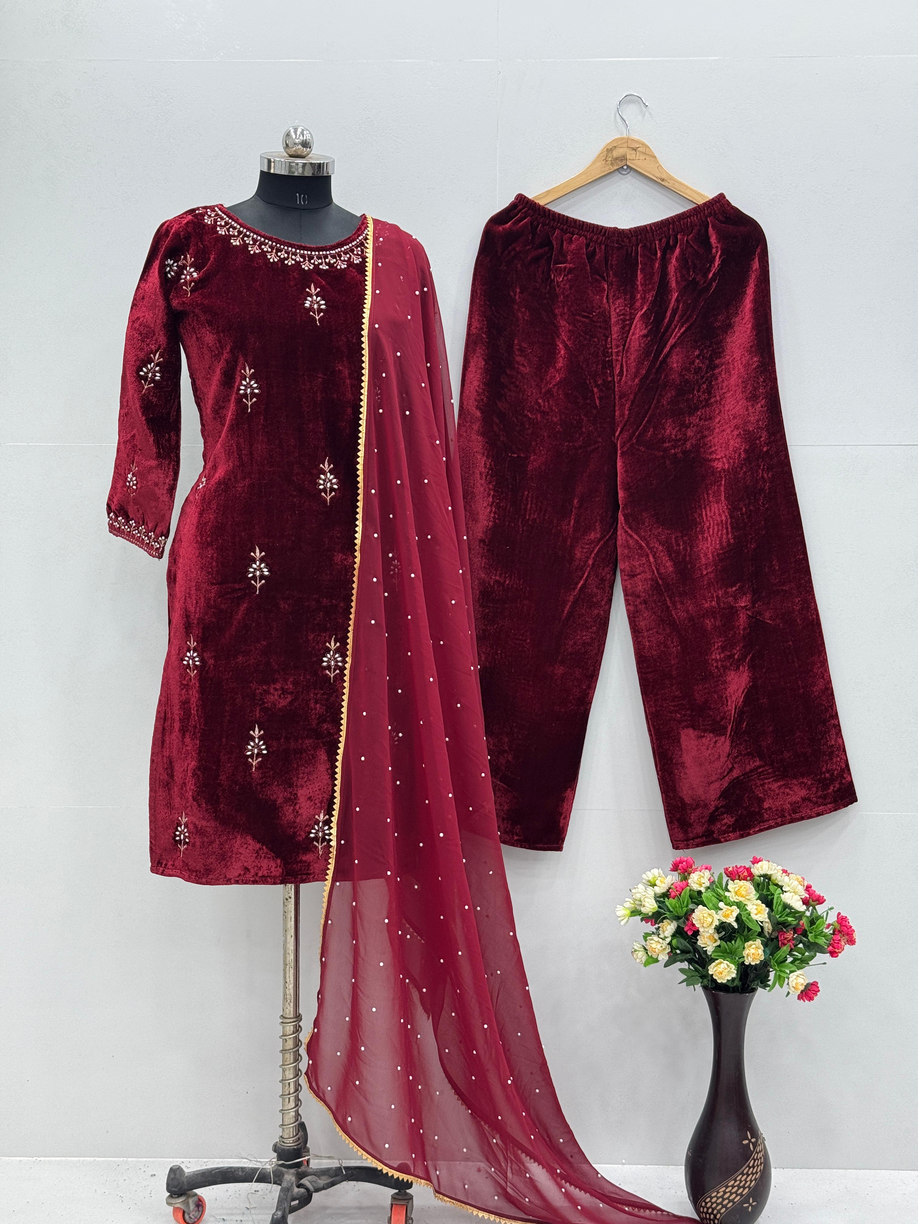 Beautiful Maroon Color Heavy Viscose And Embroidery With Hand Work Designer Velvet Suit