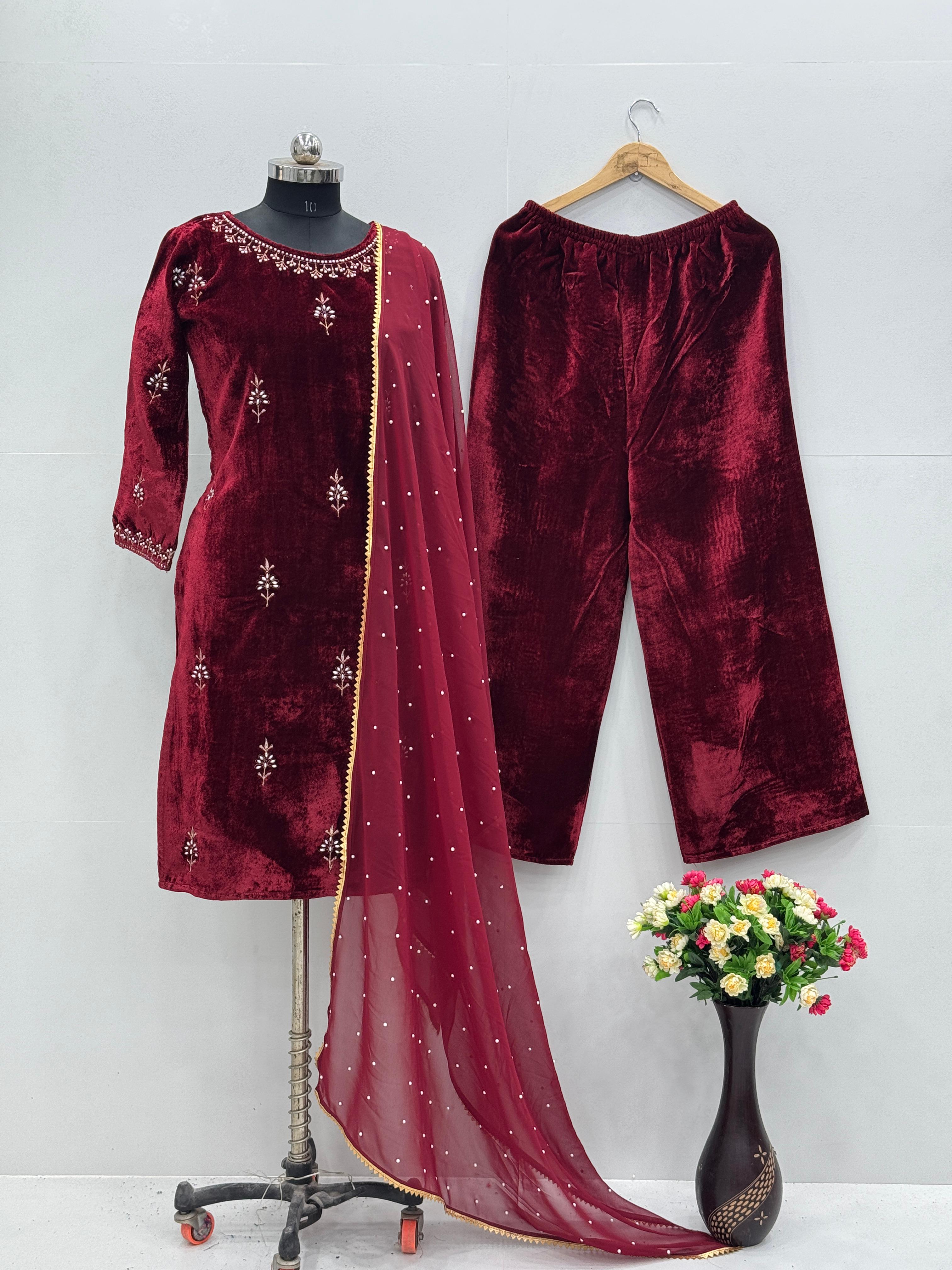 Beautiful Maroon Color Heavy Viscose And Embroidery With Hand Work Designer Velvet Suit