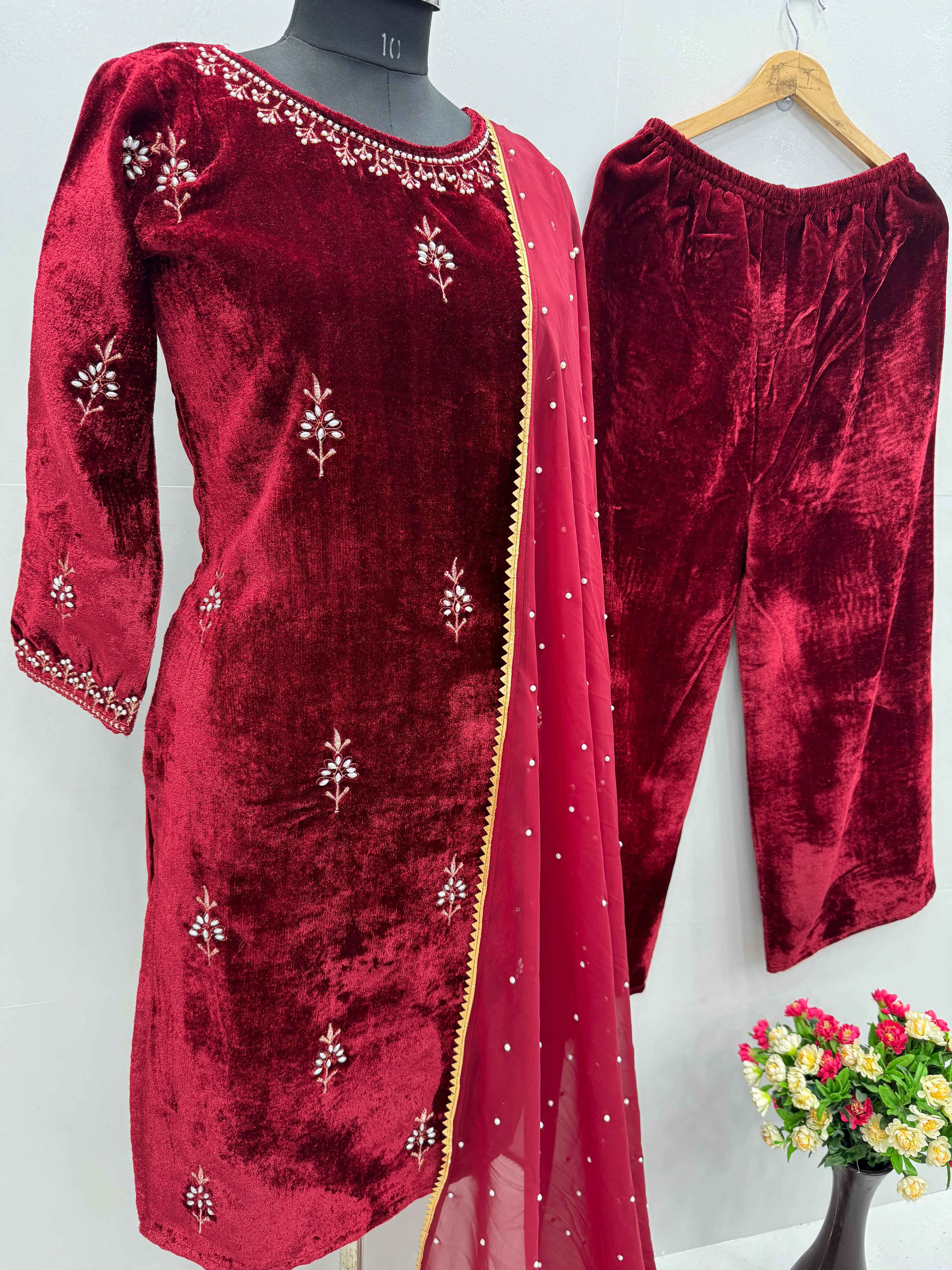 Beautiful Maroon Color Heavy Viscose And Embroidery With Hand Work Designer Velvet Suit