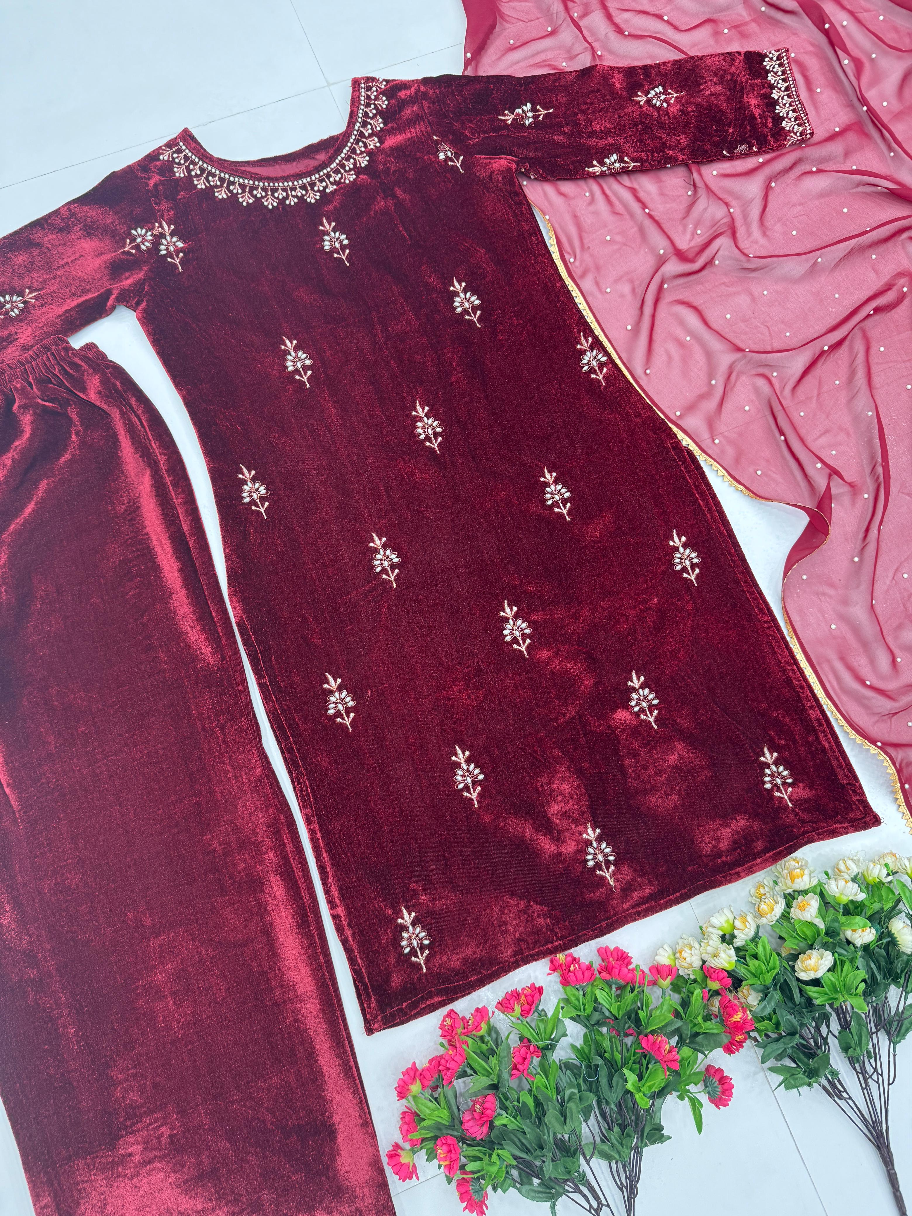 Beautiful Maroon Color Heavy Viscose And Embroidery With Hand Work Designer Velvet Suit