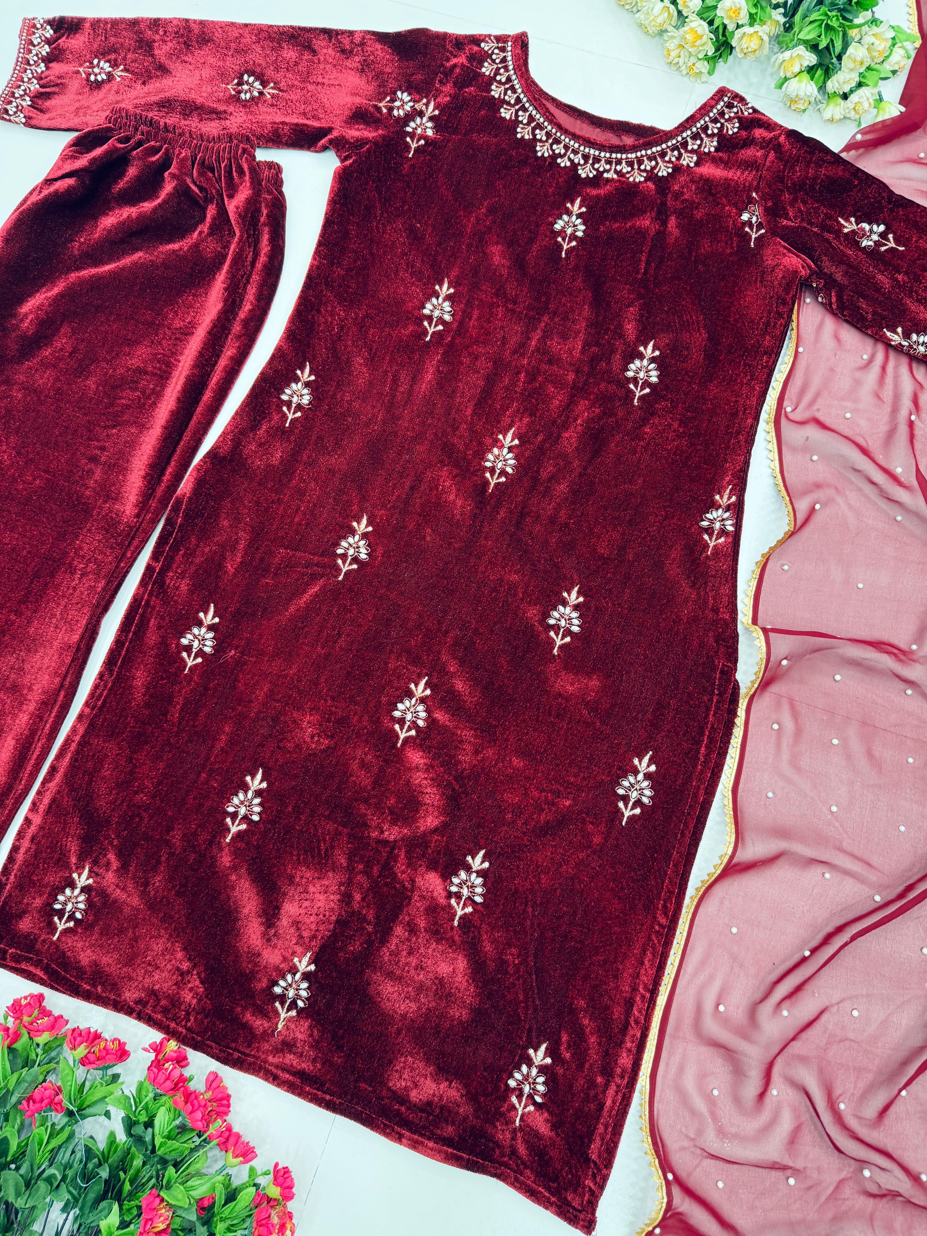 Beautiful Maroon Color Heavy Viscose And Embroidery With Hand Work Designer Velvet Suit