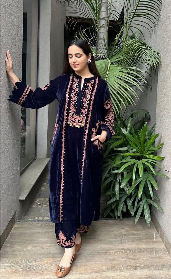 Fabulous Navy Blue Color Velvet With  Embroidery Work Beautiful Velvet Salwar Suit