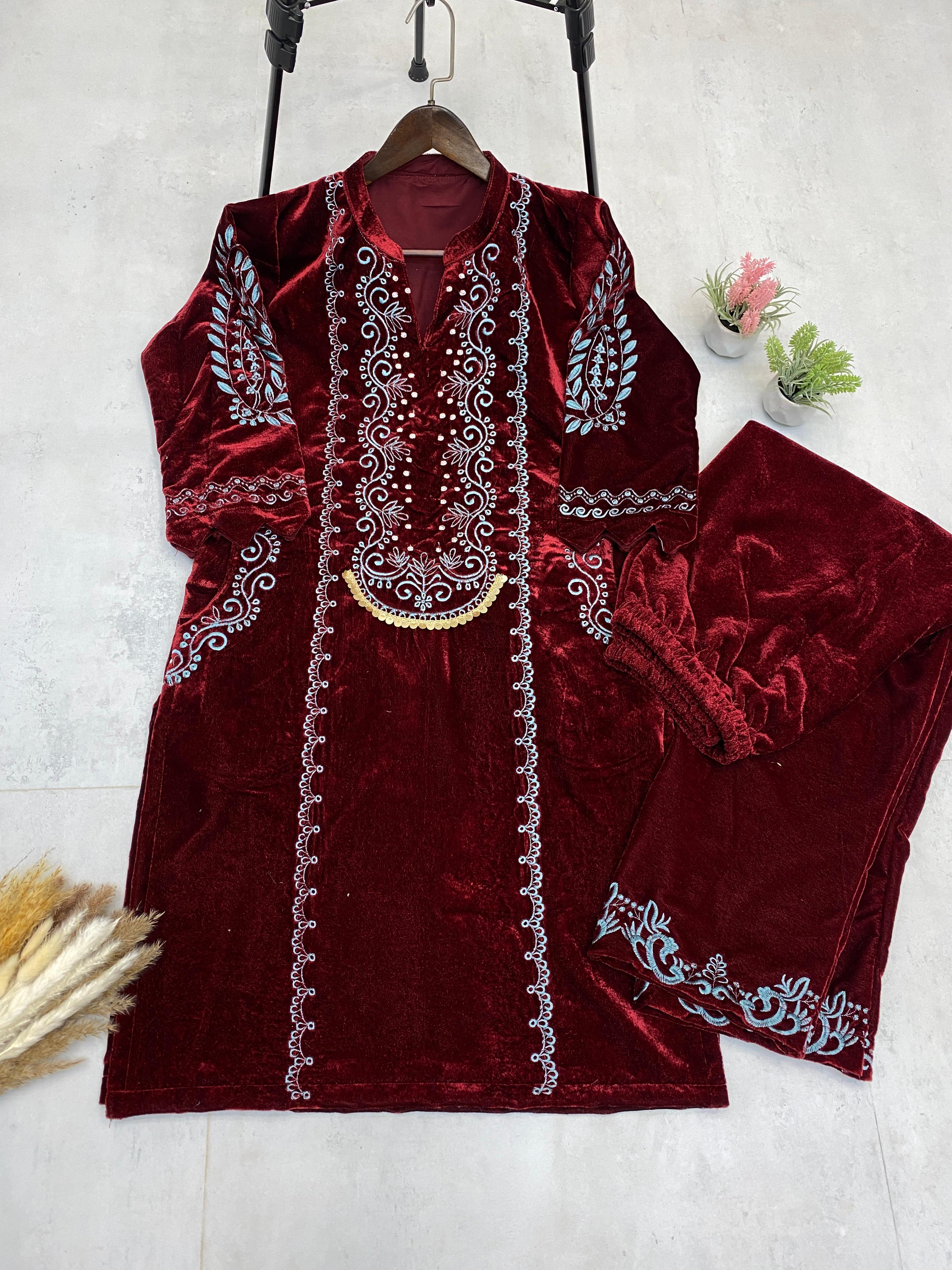 Fabulous Maroon Color Velvet With  Embroidery Work Beautiful Velvet Salwar Suit