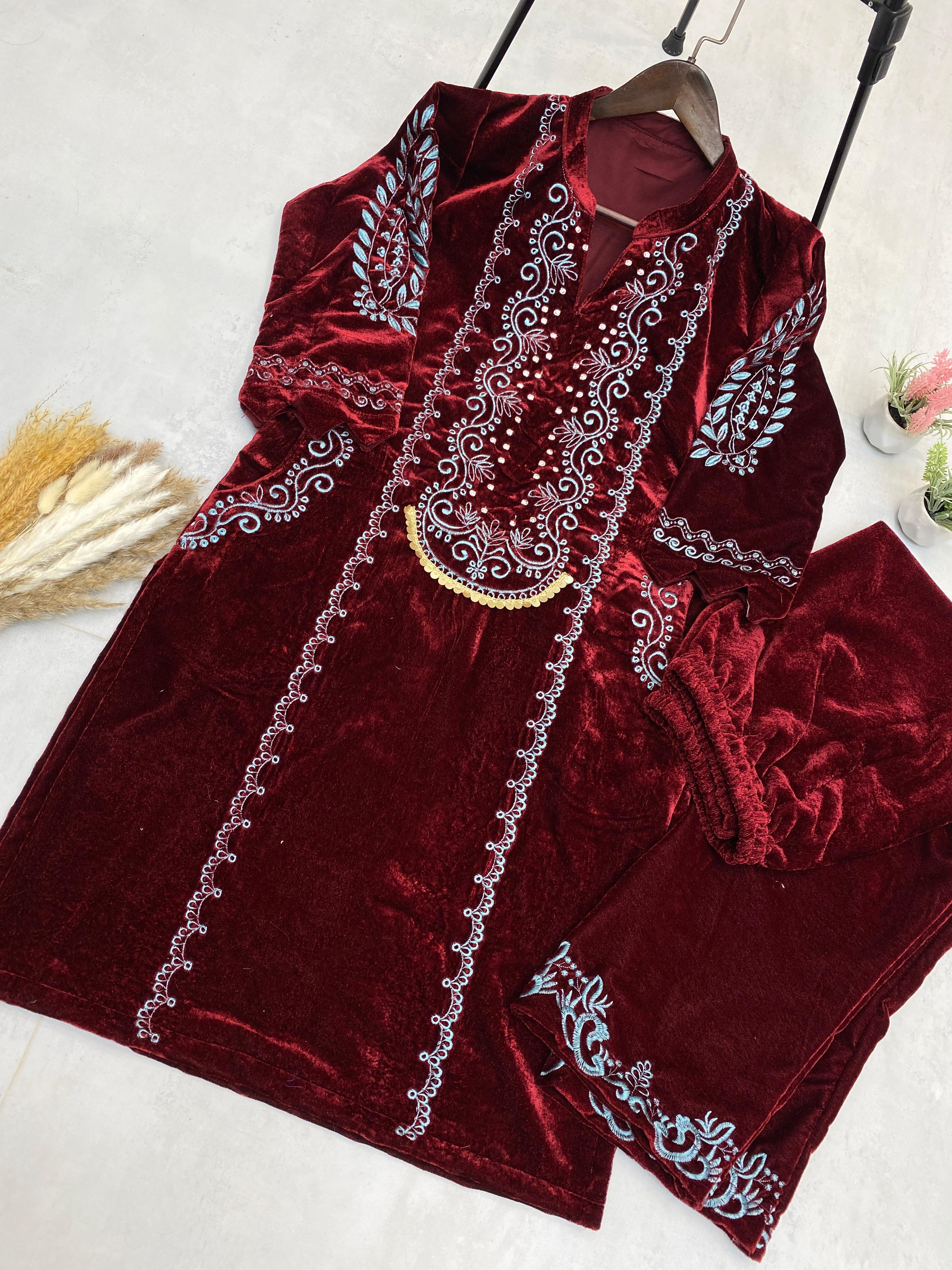 Fabulous Maroon Color Velvet With  Embroidery Work Beautiful Velvet Salwar Suit