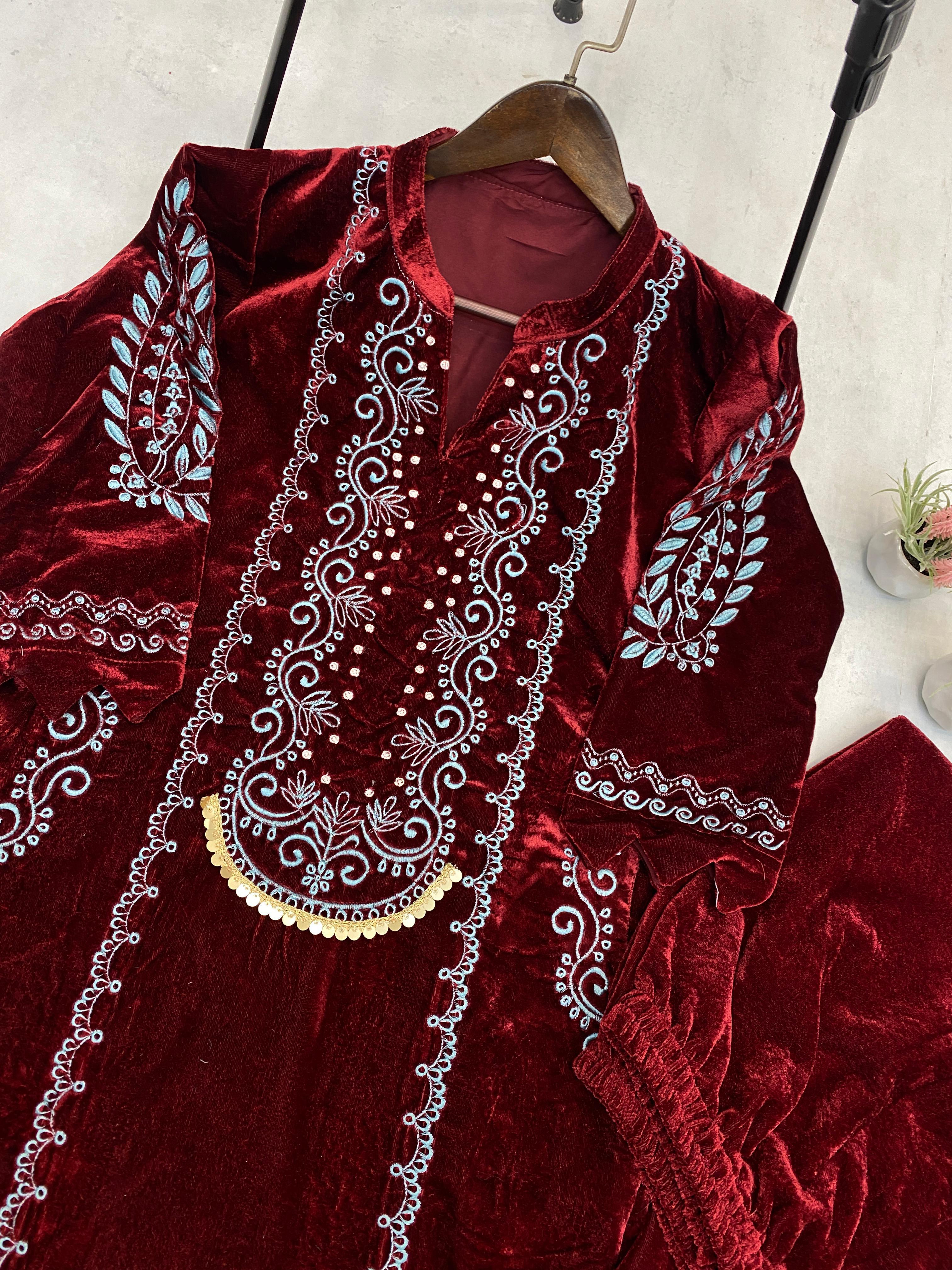 Fabulous Maroon Color Velvet With  Embroidery Work Beautiful Velvet Salwar Suit