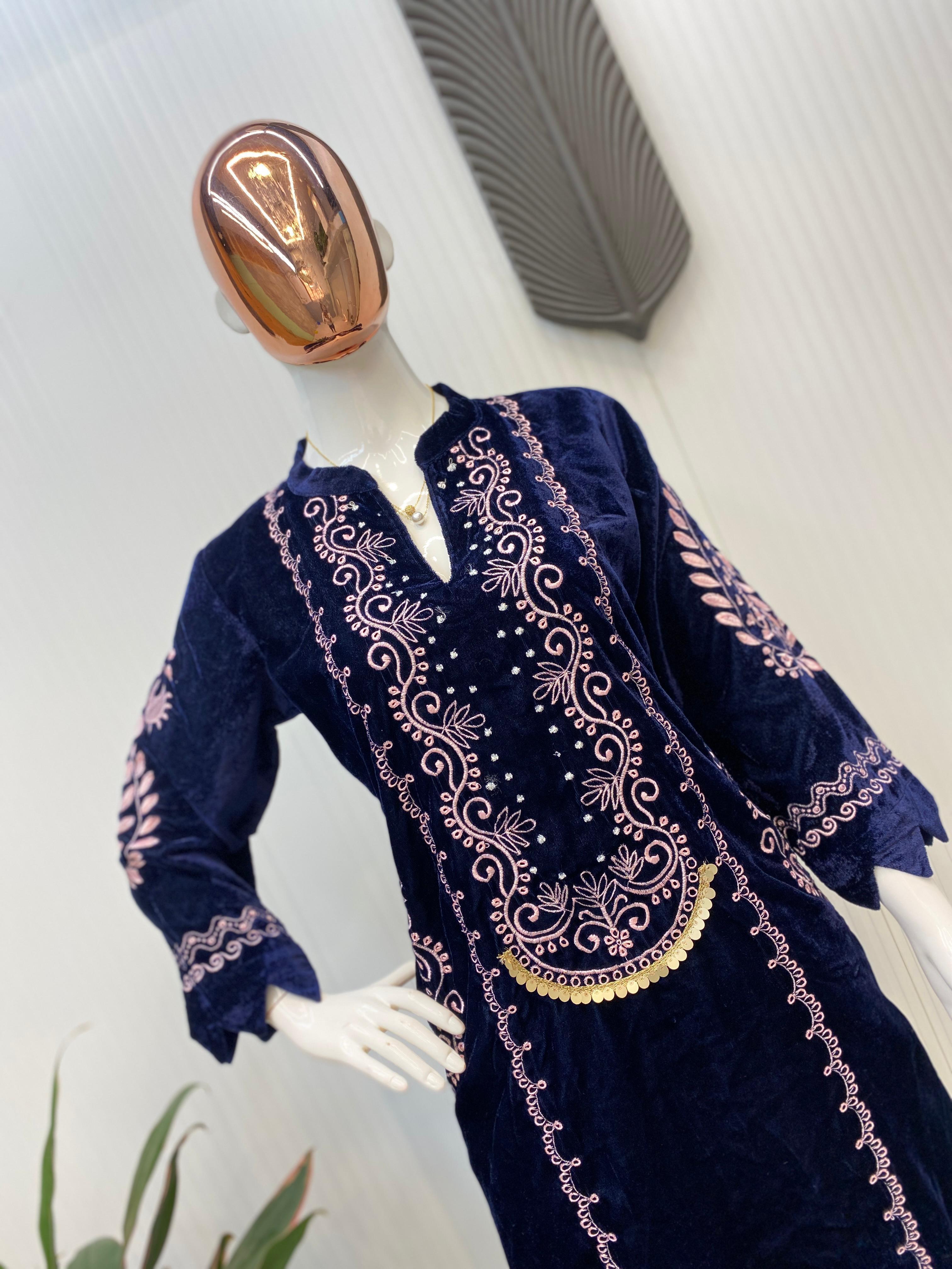 Fabulous Navy Blue Color Velvet With  Embroidery Work Beautiful Velvet Salwar Suit