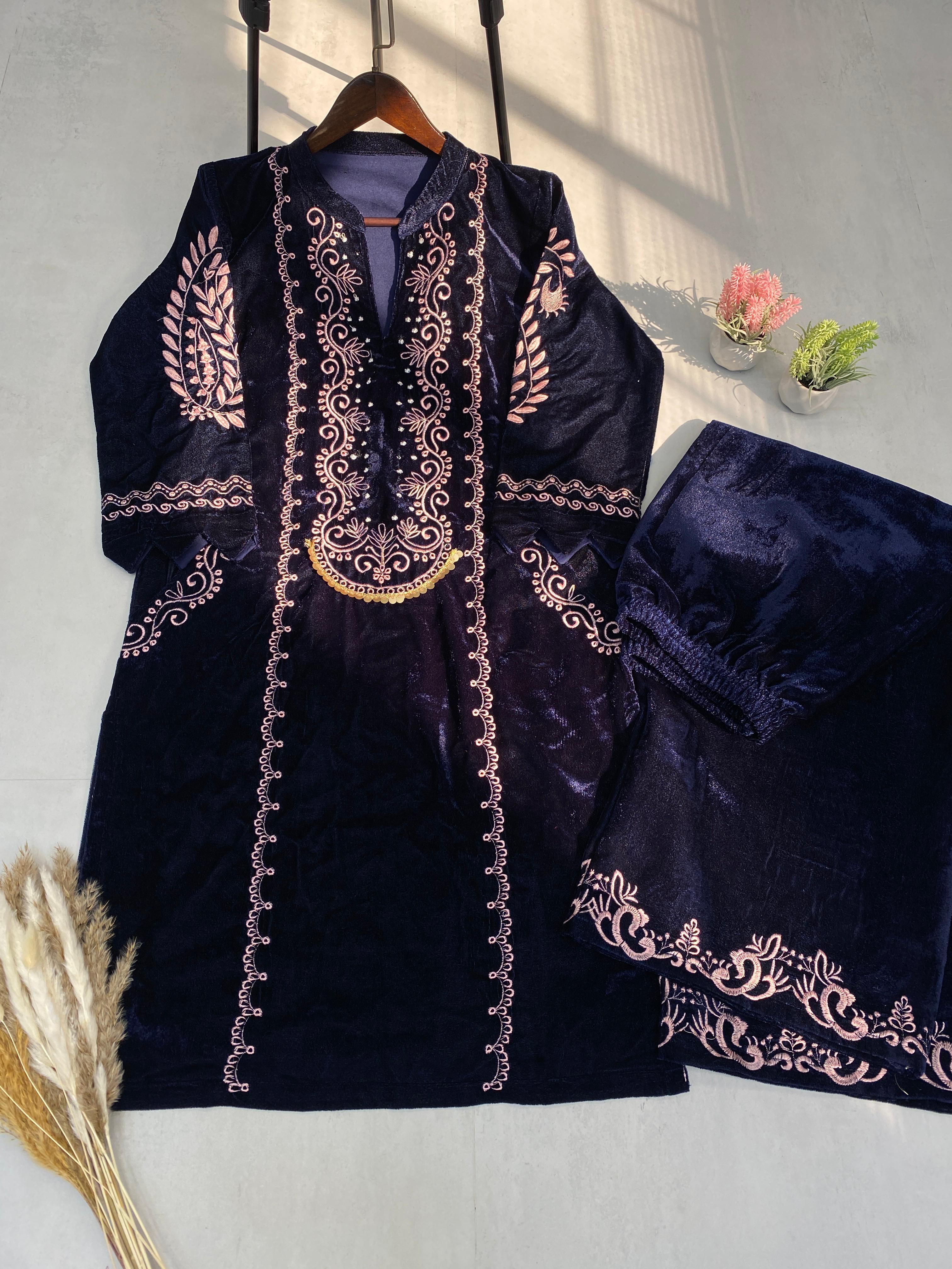 Fabulous Navy Blue Color Velvet With  Embroidery Work Beautiful Velvet Salwar Suit