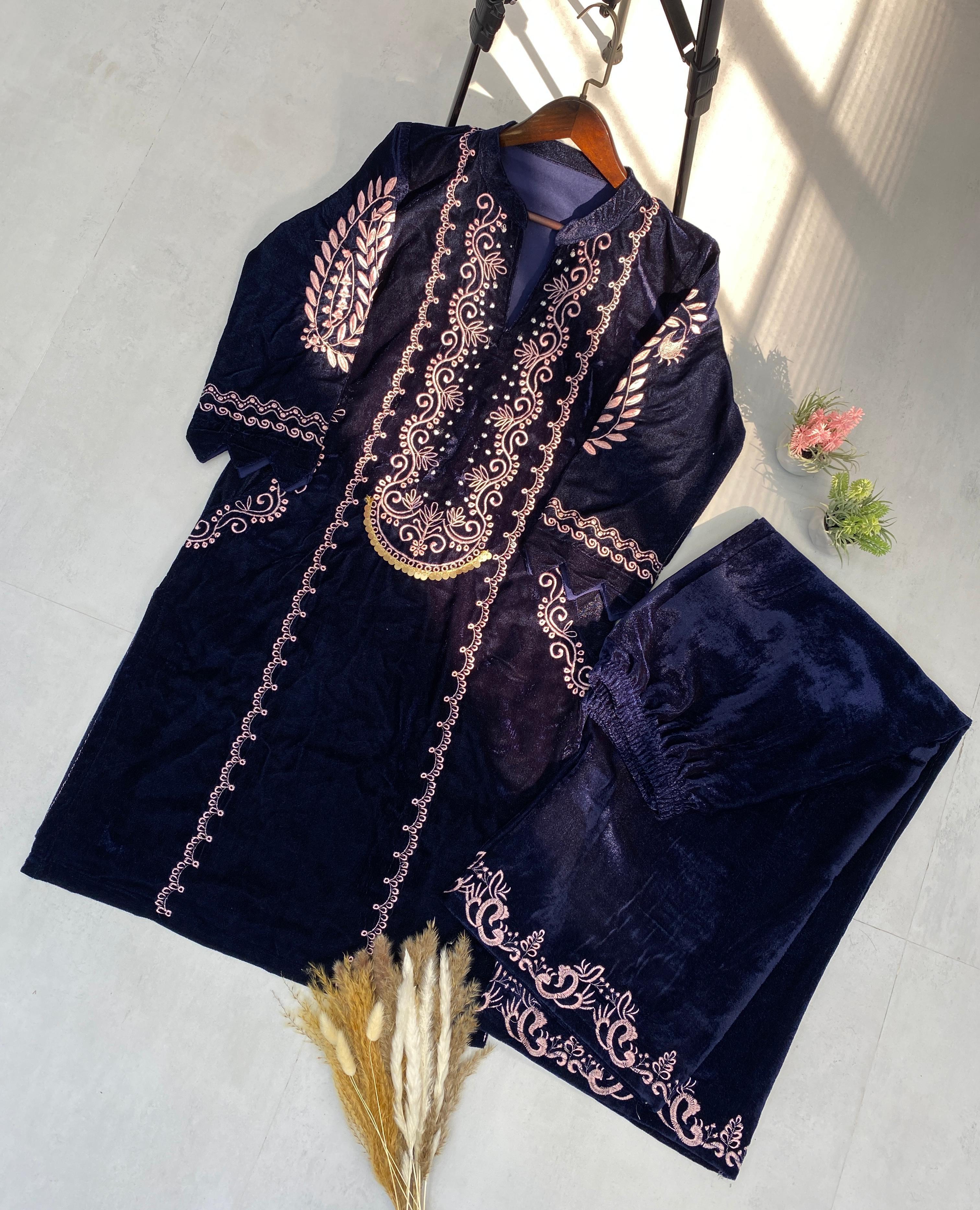 Fabulous Navy Blue Color Velvet With  Embroidery Work Beautiful Velvet Salwar Suit