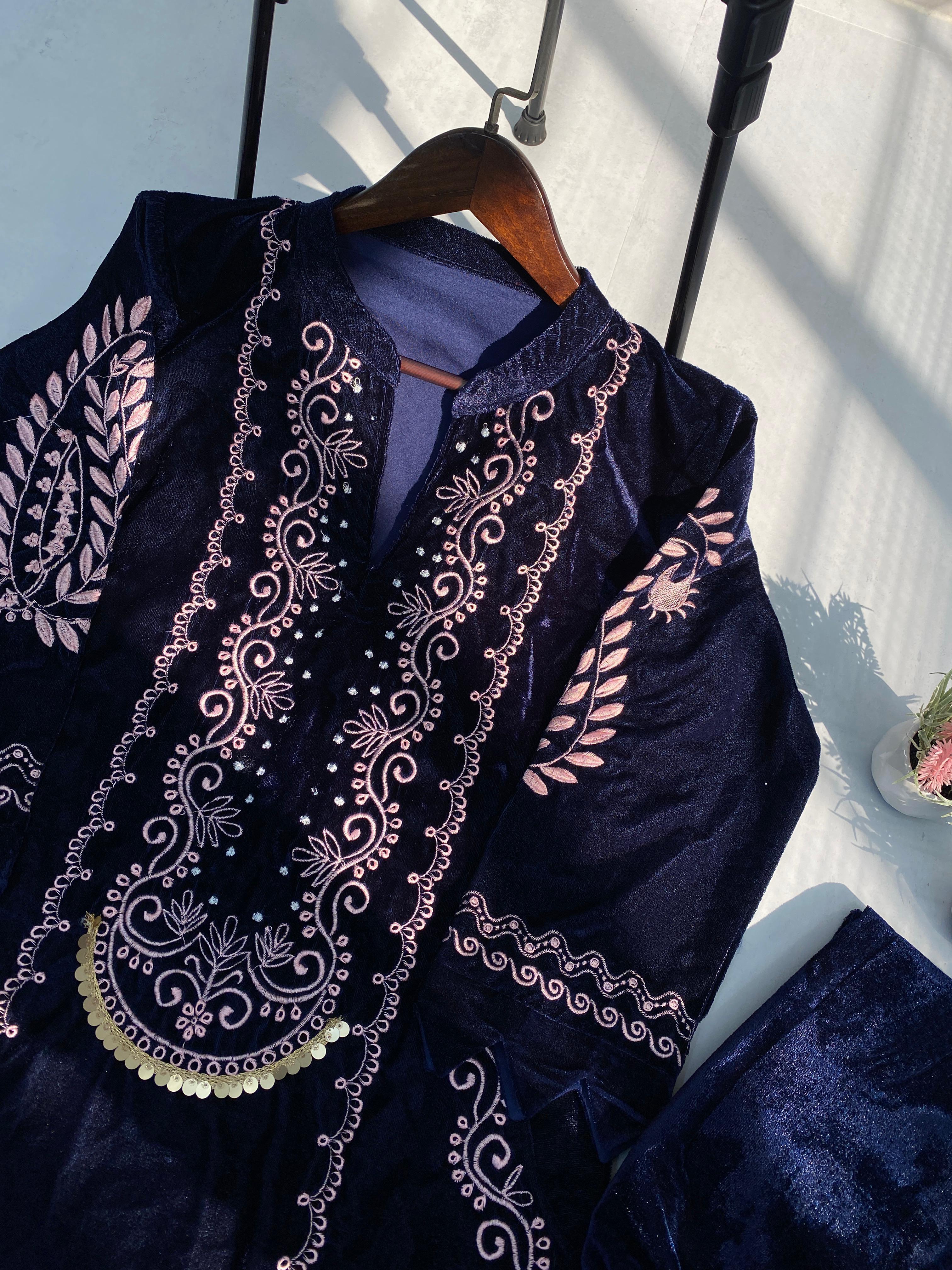 Fabulous Navy Blue Color Velvet With  Embroidery Work Beautiful Velvet Salwar Suit