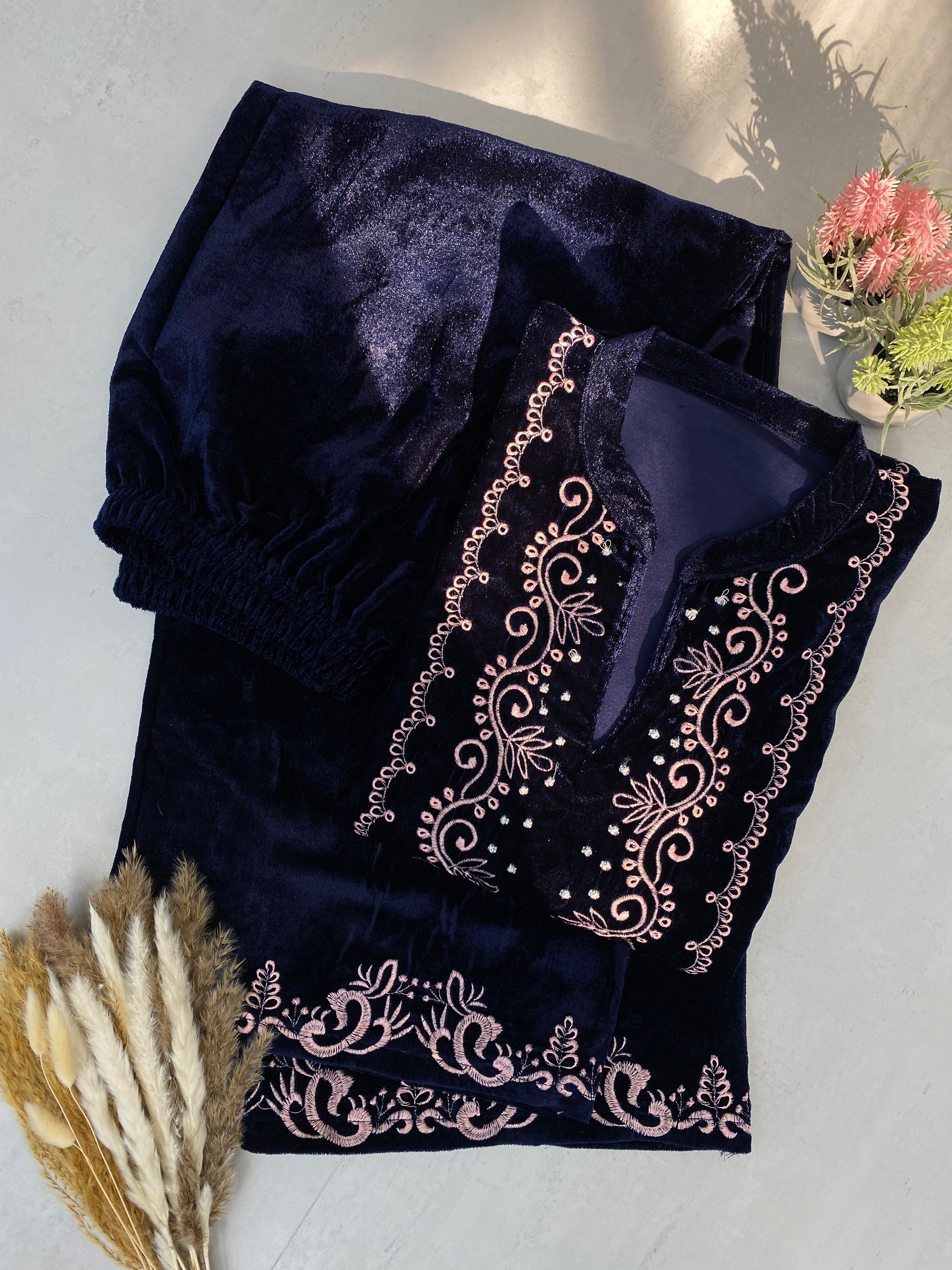 Fabulous Navy Blue Color Velvet With  Embroidery Work Beautiful Velvet Salwar Suit