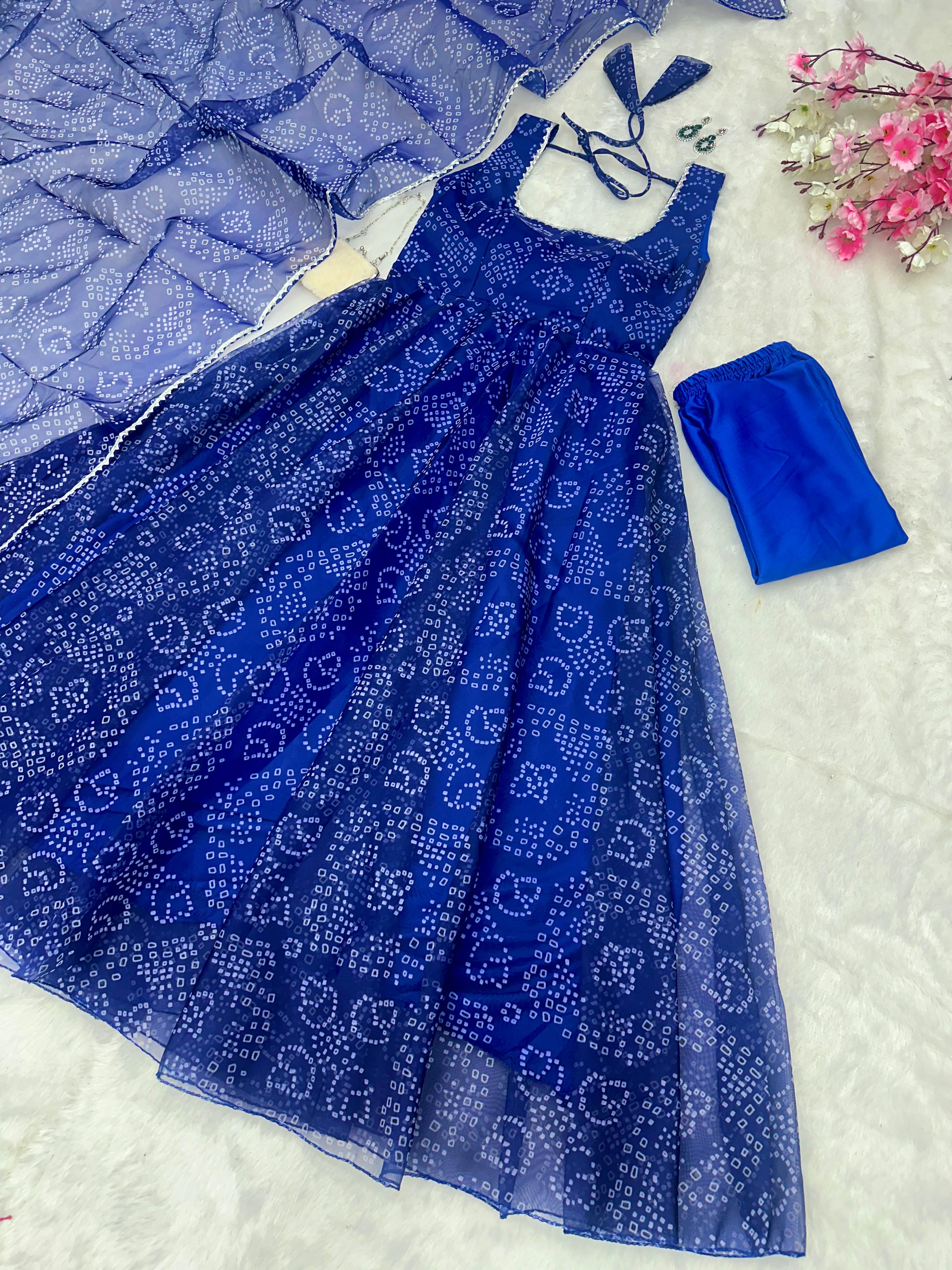 Beautiful Designer Blue Color Digital Printed Organza Silk Anarkali Suit