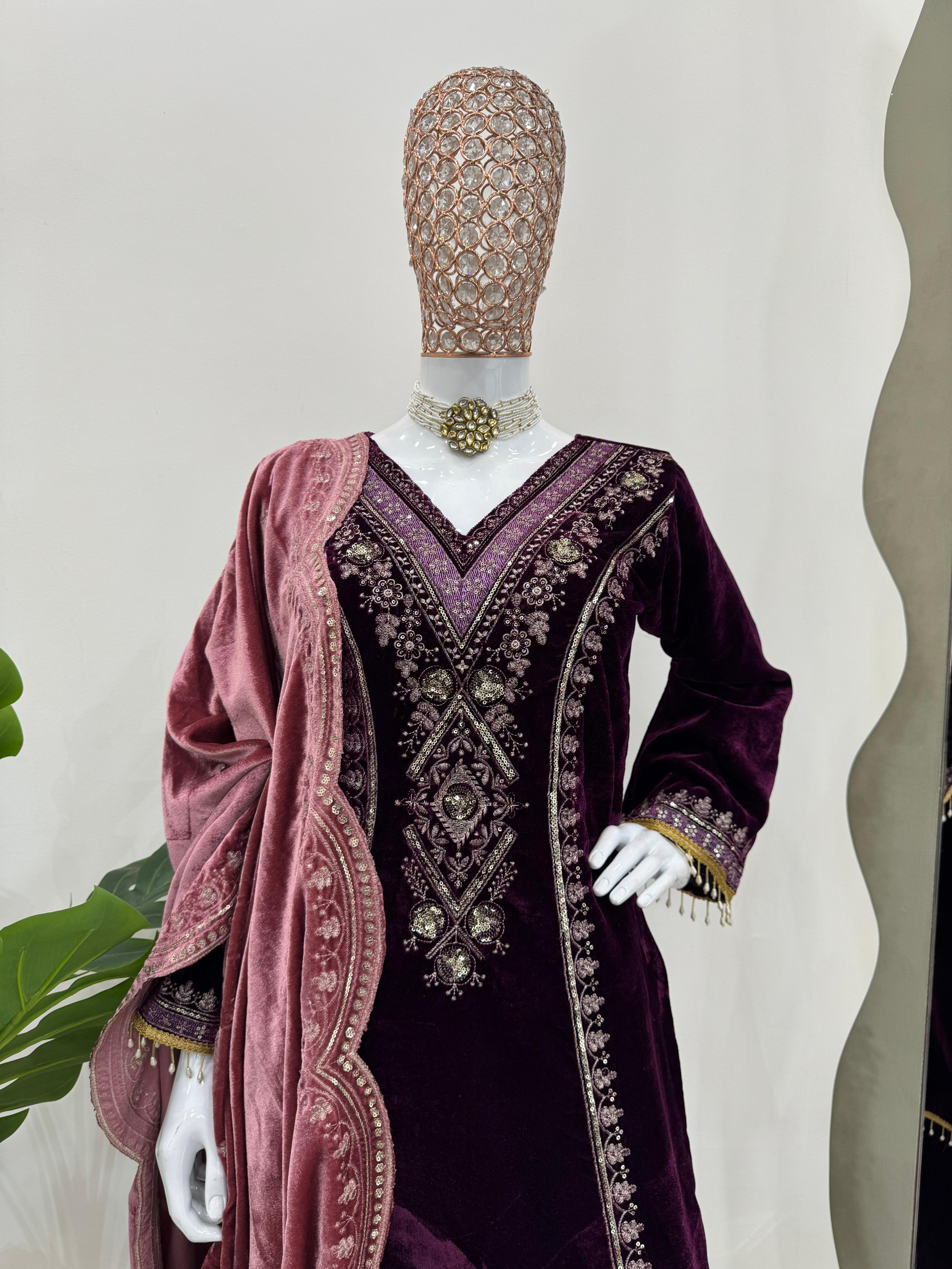 Beautiful Wine Color Viscos Velvet And Thread With Sequence Work Palazzo Suit