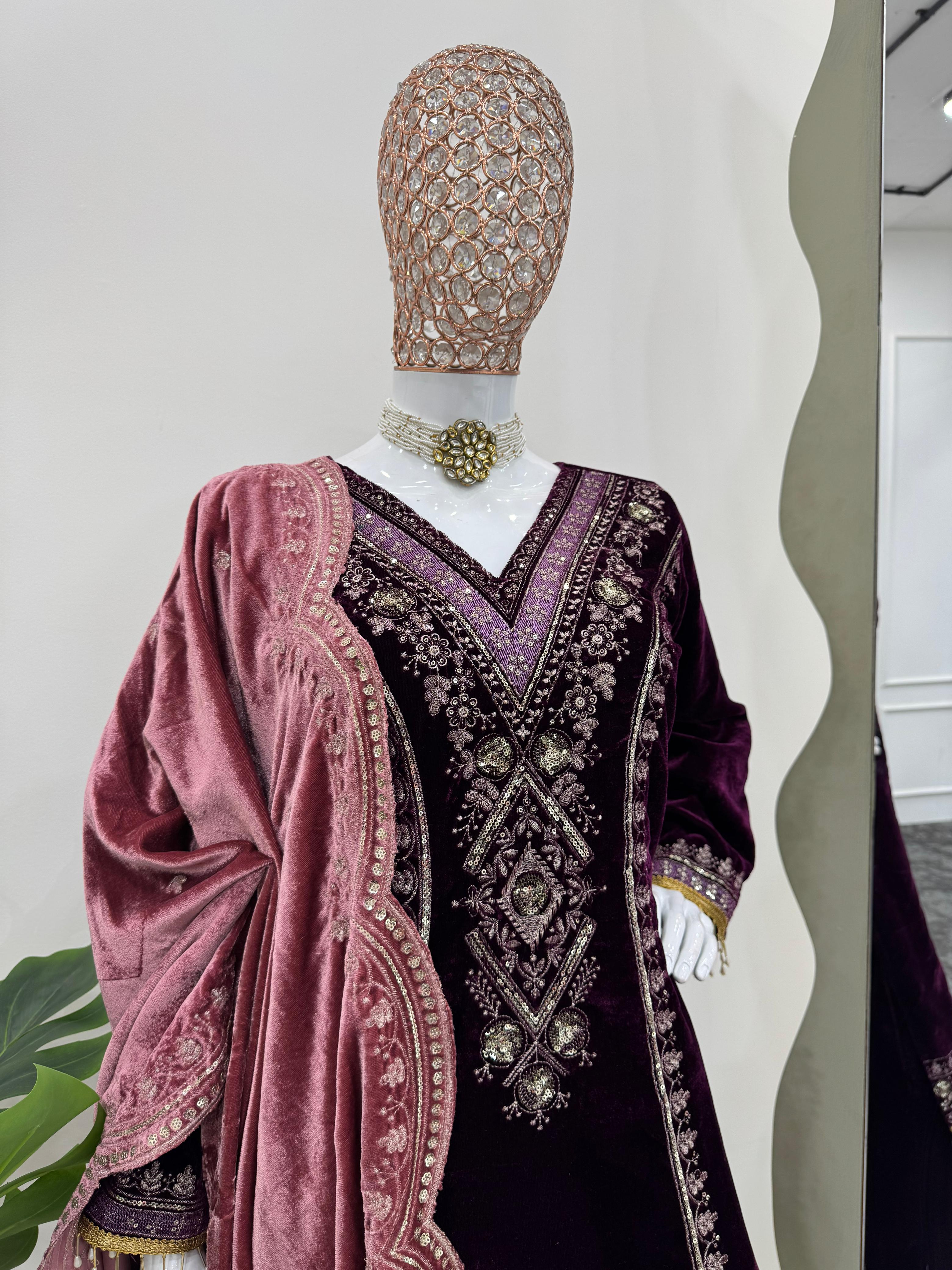 Beautiful Wine Color Viscos Velvet And Thread With Sequence Work Palazzo Suit