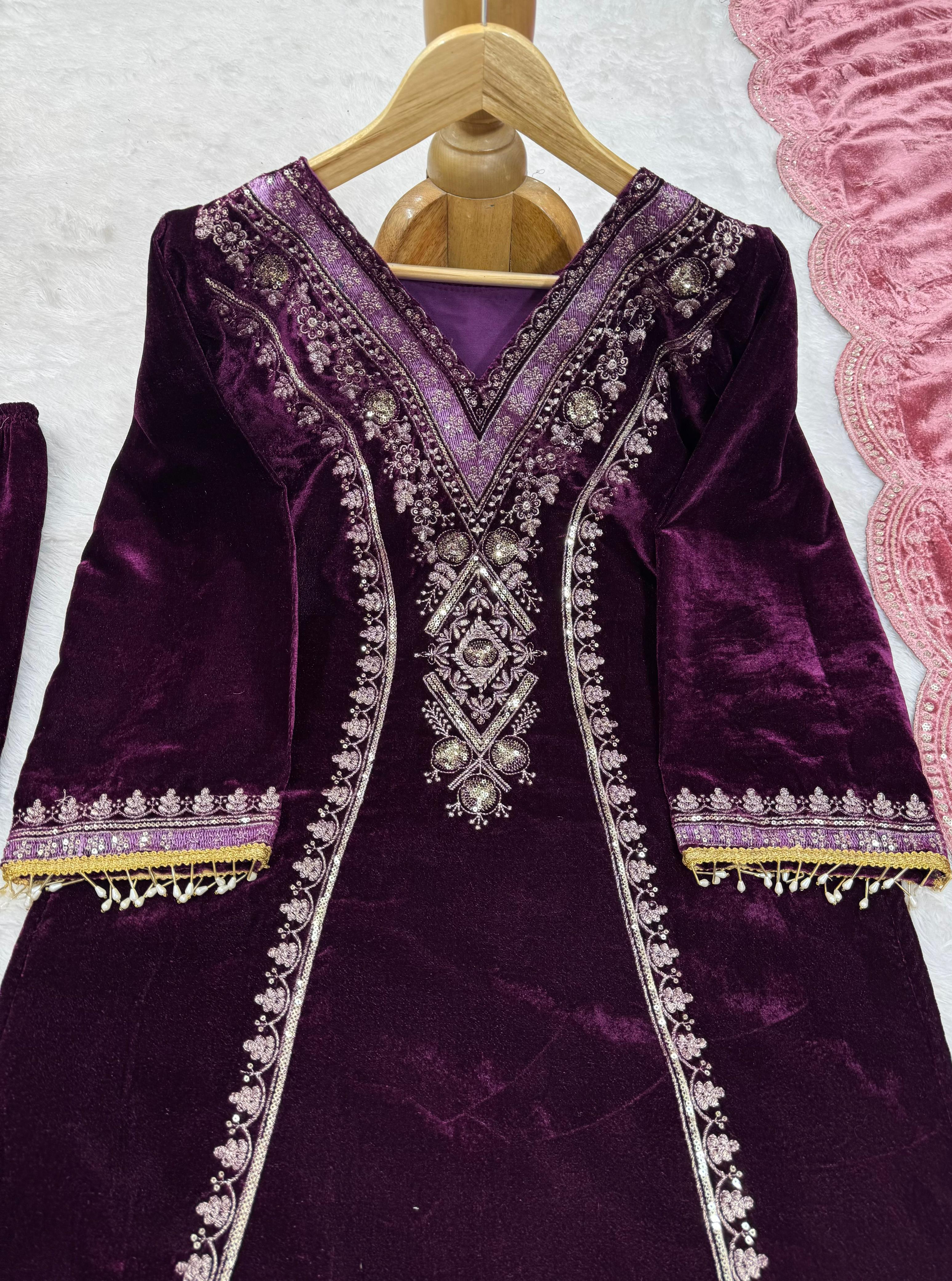 Beautiful Wine Color Viscos Velvet And Thread With Sequence Work Palazzo Suit