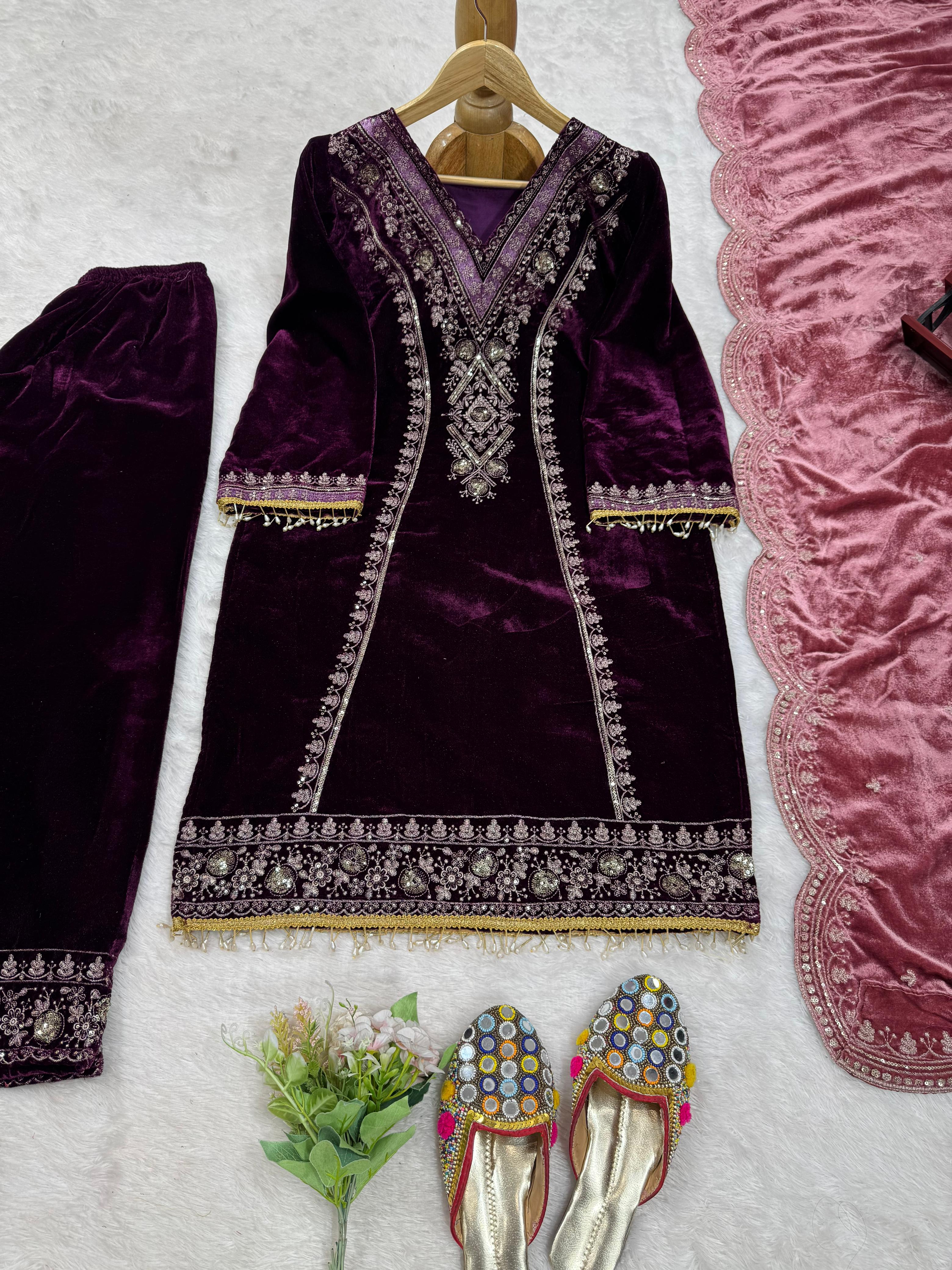 Beautiful Wine Color Viscos Velvet And Thread With Sequence Work Palazzo Suit