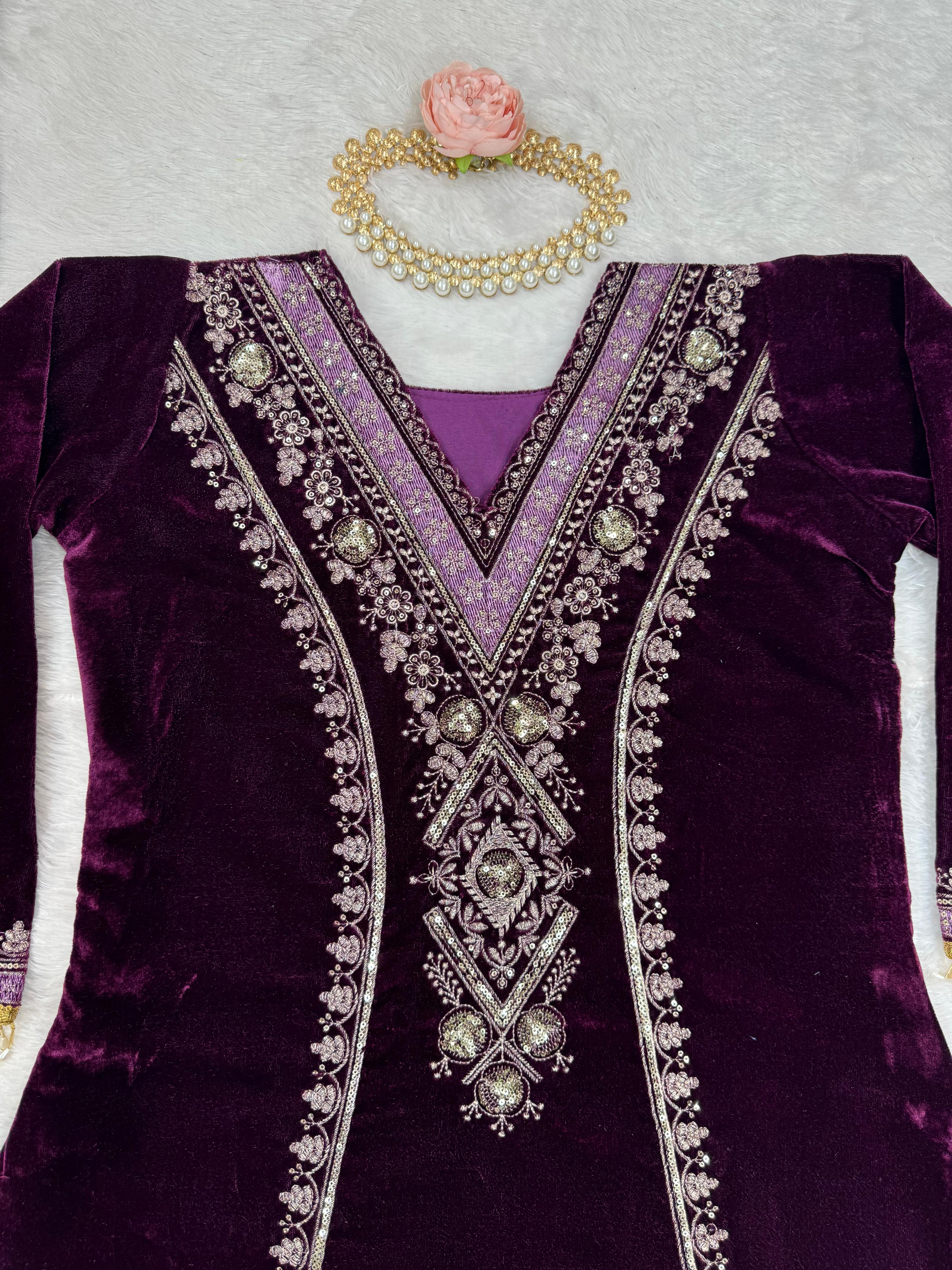 Beautiful Wine Color Viscos Velvet And Thread With Sequence Work Palazzo Suit