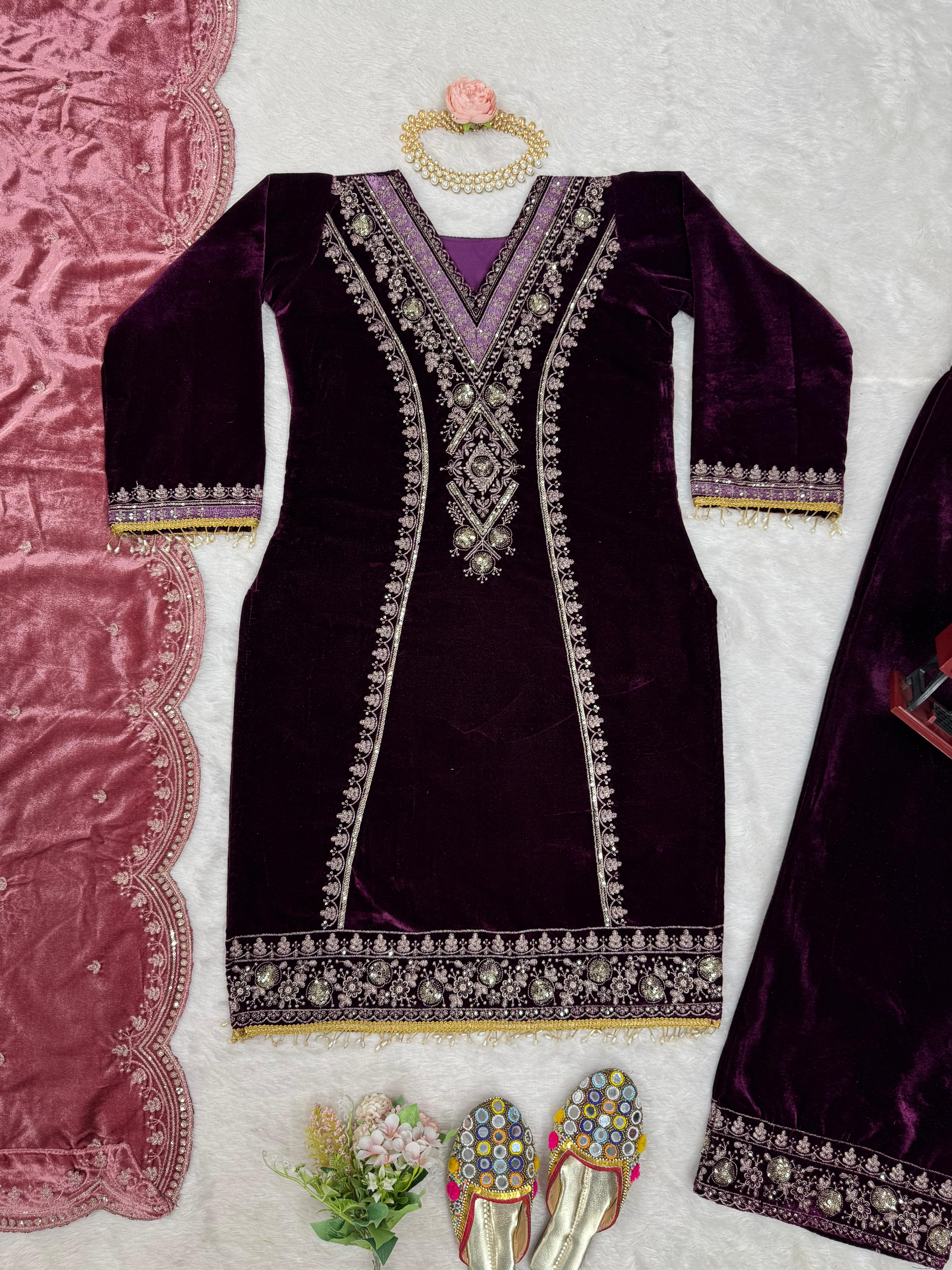 Beautiful Wine Color Viscos Velvet And Thread With Sequence Work Palazzo Suit