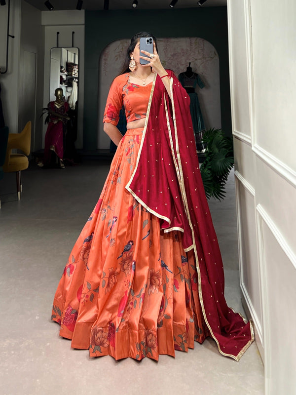 Party Wear Orange Color Tussar Silk With Printed Designer Beautiful Lehenga Choli