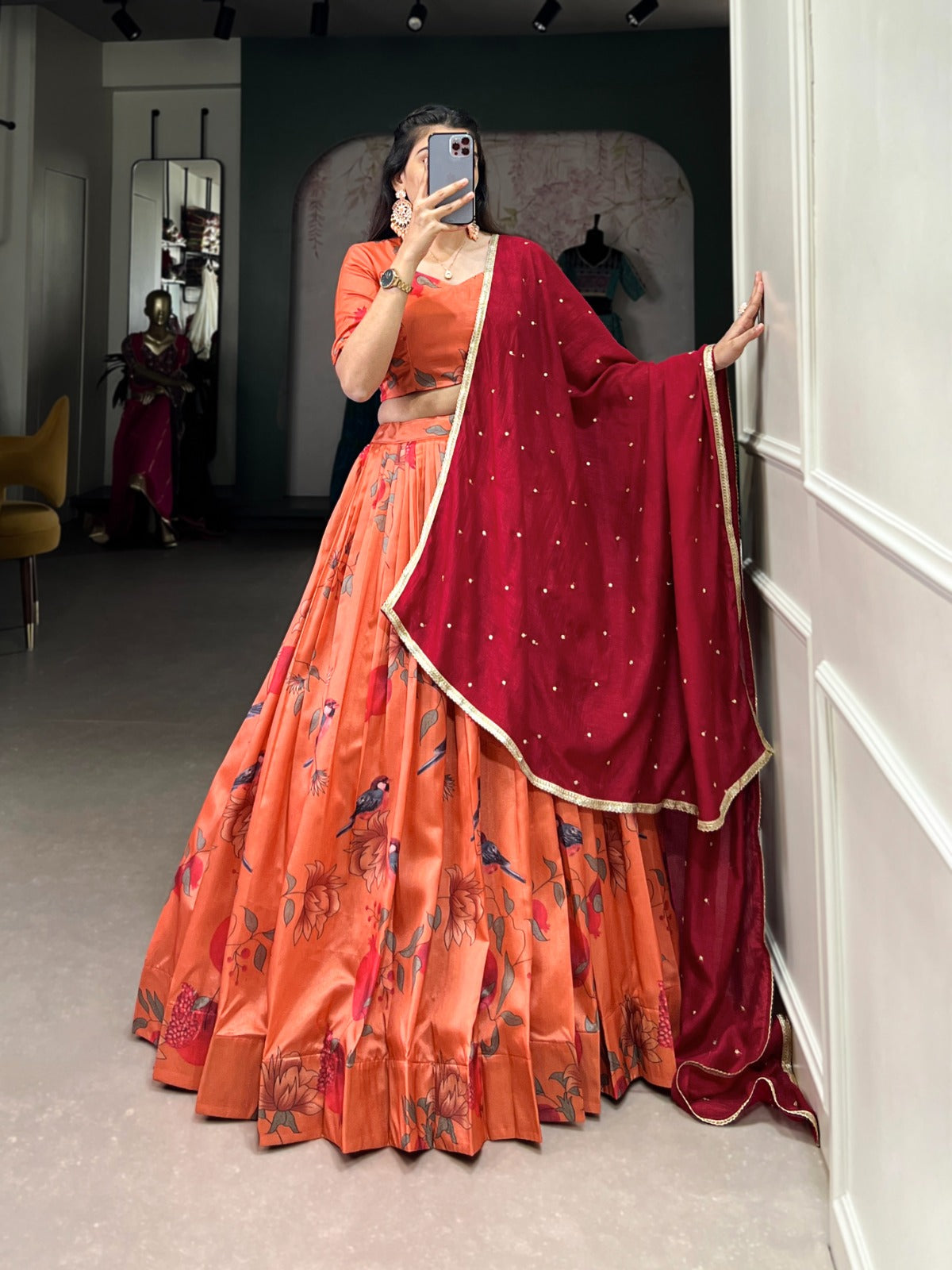 Party Wear Orange Color Tussar Silk With Printed Designer Beautiful Lehenga Choli
