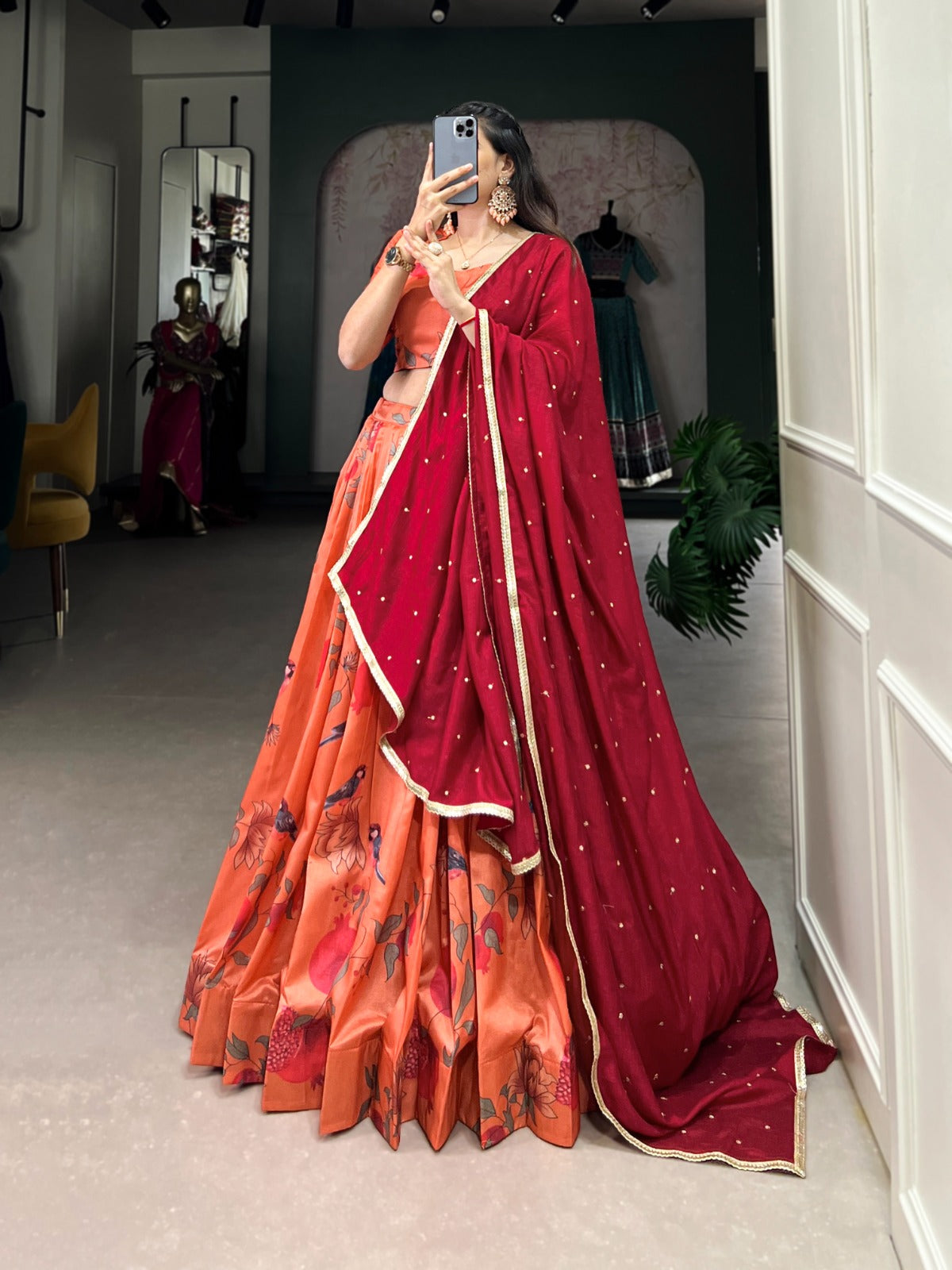 Party Wear Orange Color Tussar Silk With Printed Designer Beautiful Lehenga Choli