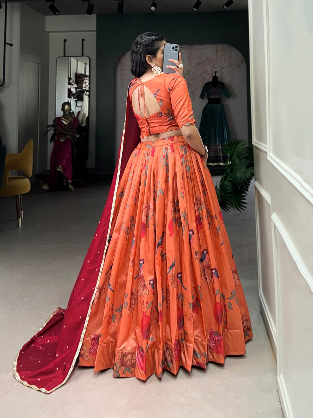 Party Wear Orange Color Tussar Silk With Printed Designer Beautiful Lehenga Choli