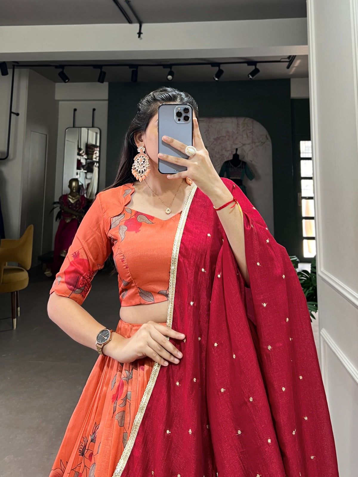 Party Wear Orange Color Tussar Silk With Printed Designer Beautiful Lehenga Choli