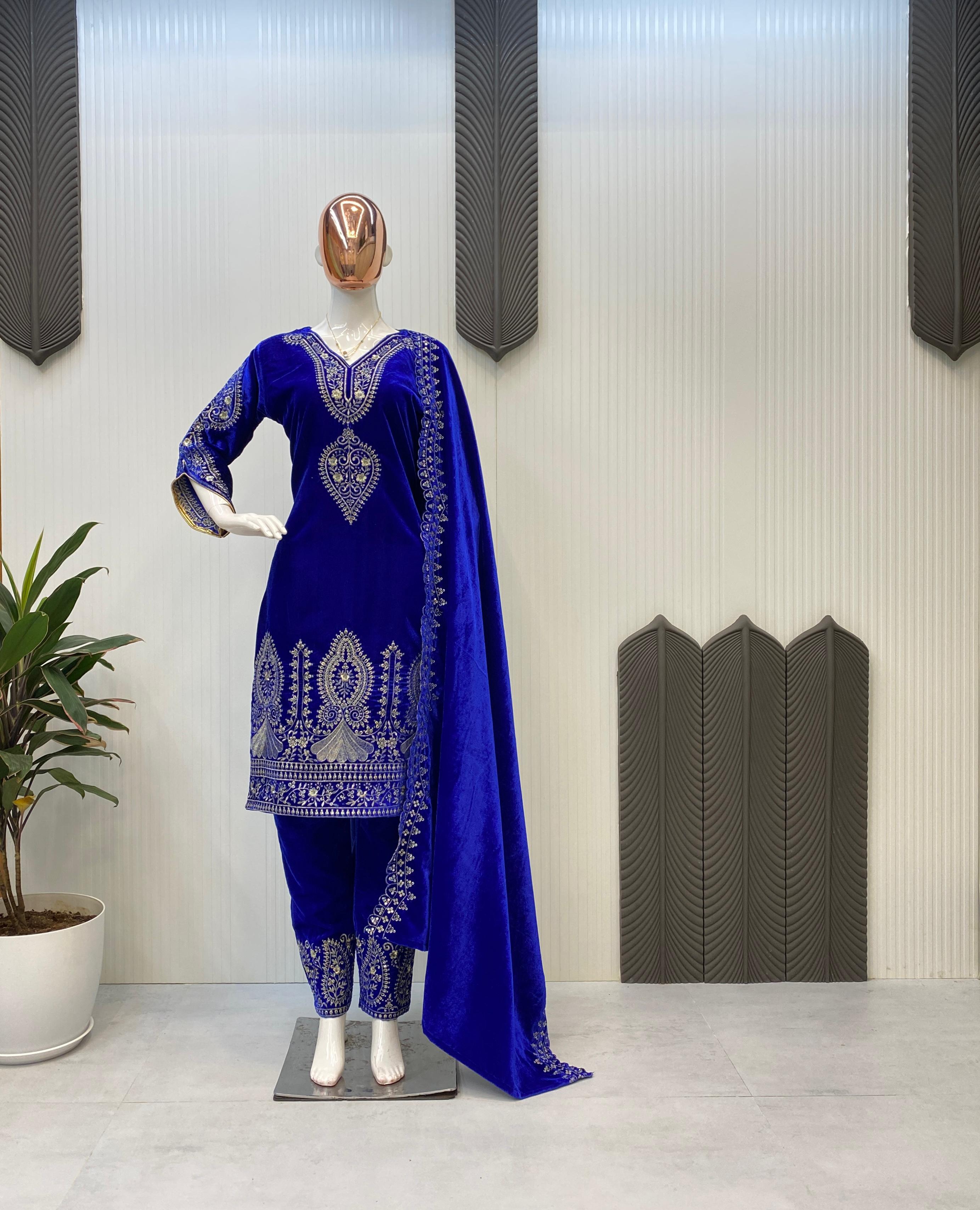 Ceremony Wear Royal Blue Color Velvet With Embroidery Sequence Work And Piping On Sleeves Designer Salwar Suit