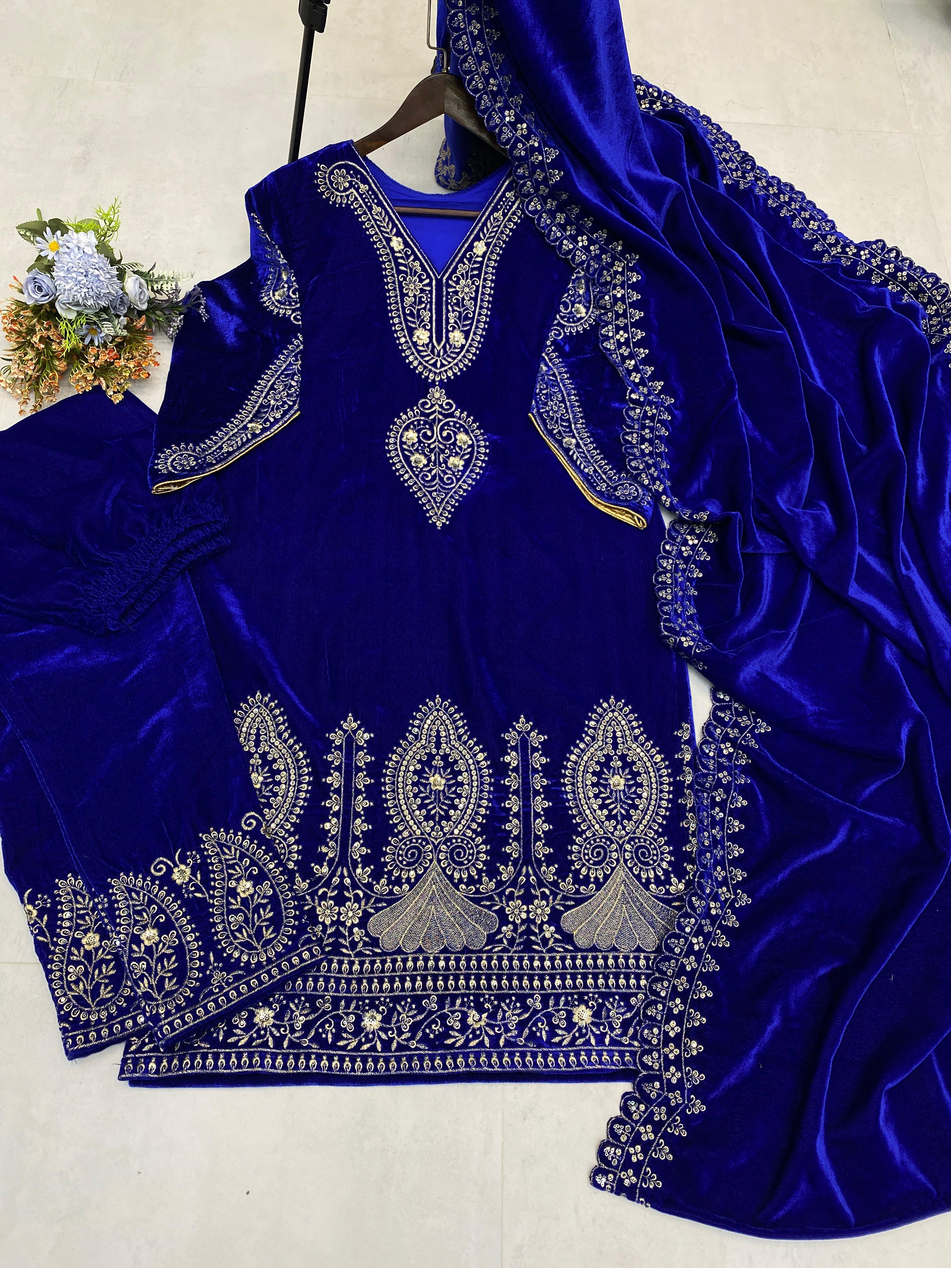 Ceremony Wear Royal Blue Color Velvet With Embroidery Sequence Work And Piping On Sleeves Designer Salwar Suit