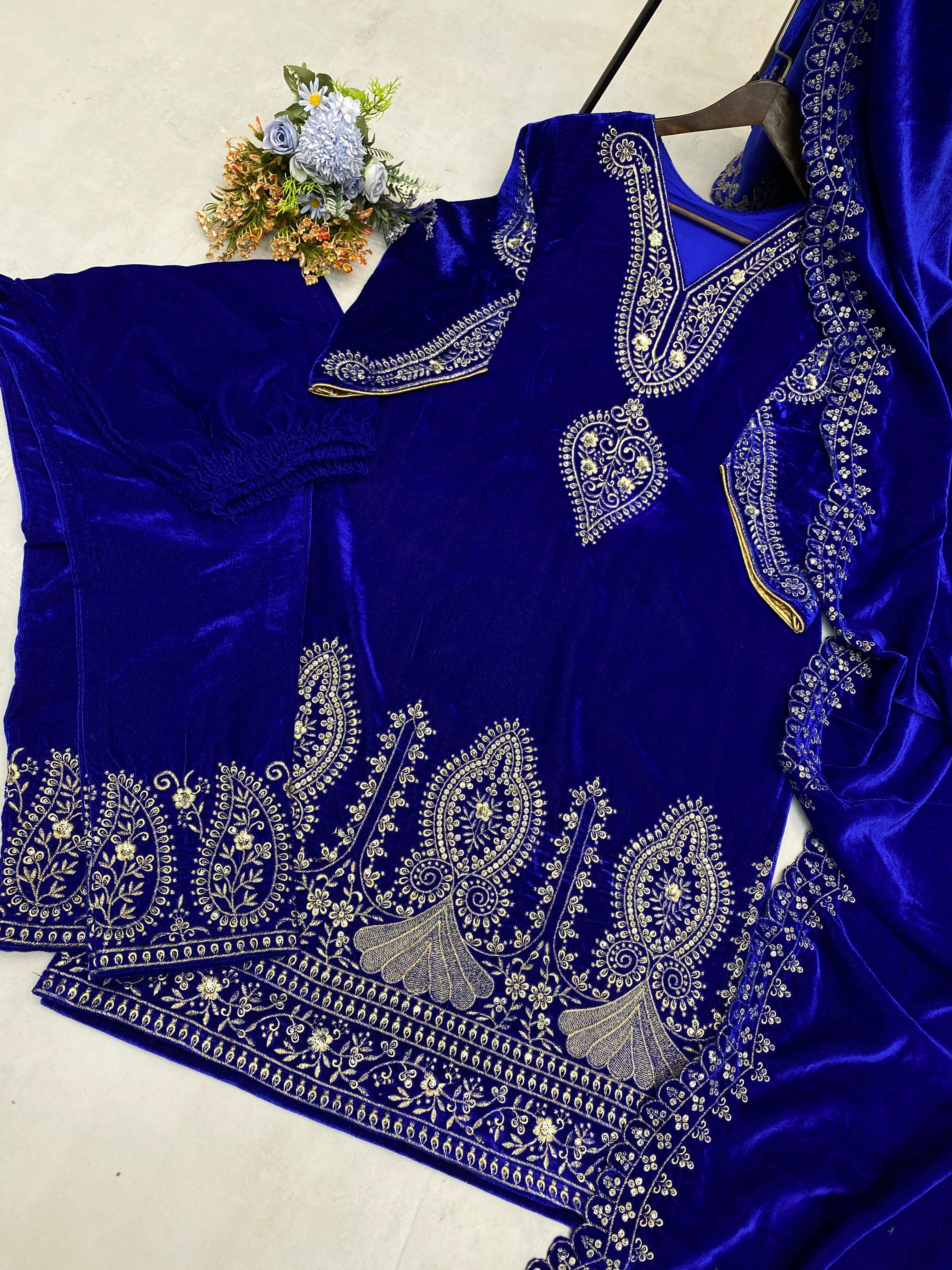 Ceremony Wear Royal Blue Color Velvet With Embroidery Sequence Work And Piping On Sleeves Designer Salwar Suit